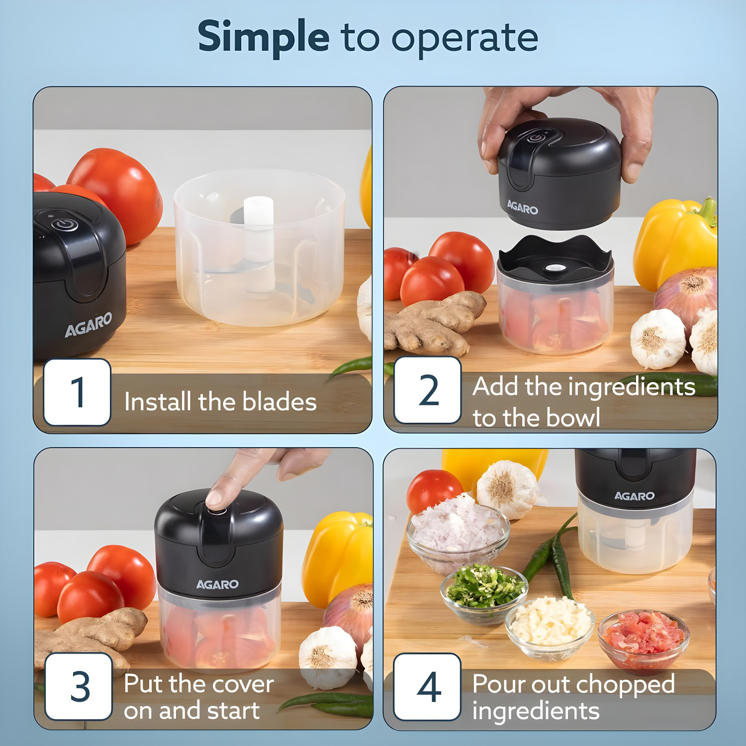 Image of AGARO Elite Rechargeable Mini Electric Chopper, 250 Ml, One Touch Operation Electric Vegetable Chopper