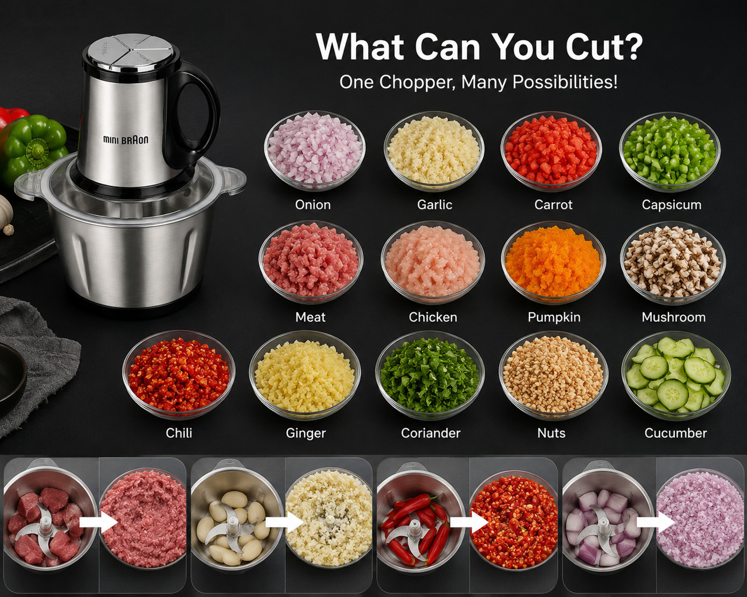 Image of Alakh Enterprise MINI BRAON PREMIUM CHOPPER 01 Electric Vegetable & Fruit Chopper (1 Stainless Steel Bowl, 1 4 Sharp Blades, 1 Main Motor Unit, 1 Lid)