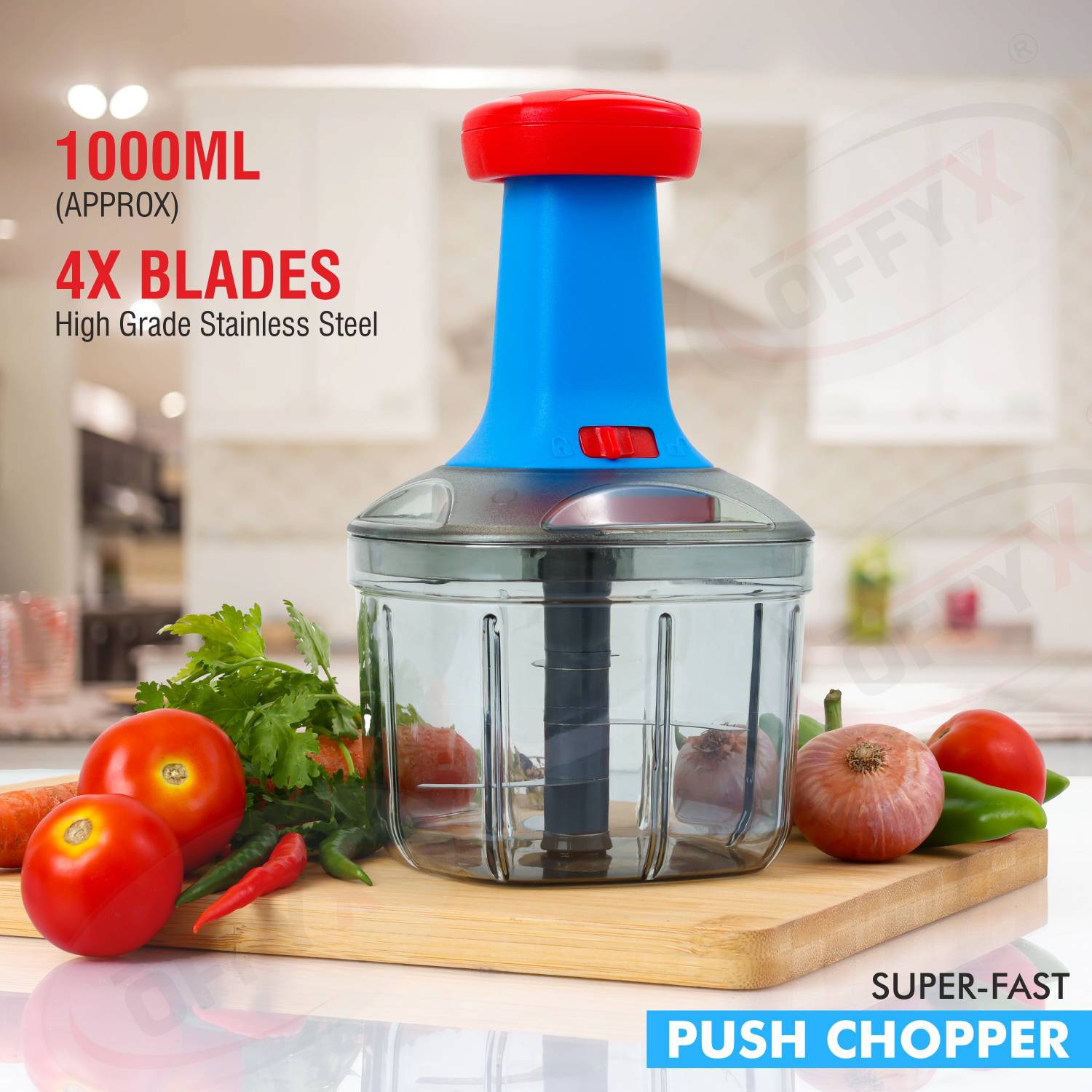 OFFYX New Big Hand Push 1000 ML with 4 Stainless Steel Blades Veg