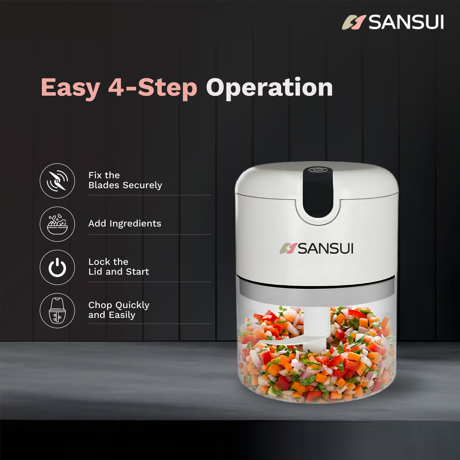 Image of Sansui Rechargeable Mini Electric Chopper 250ml SS Blade Powerful Motor Electric Vegetable Chopper