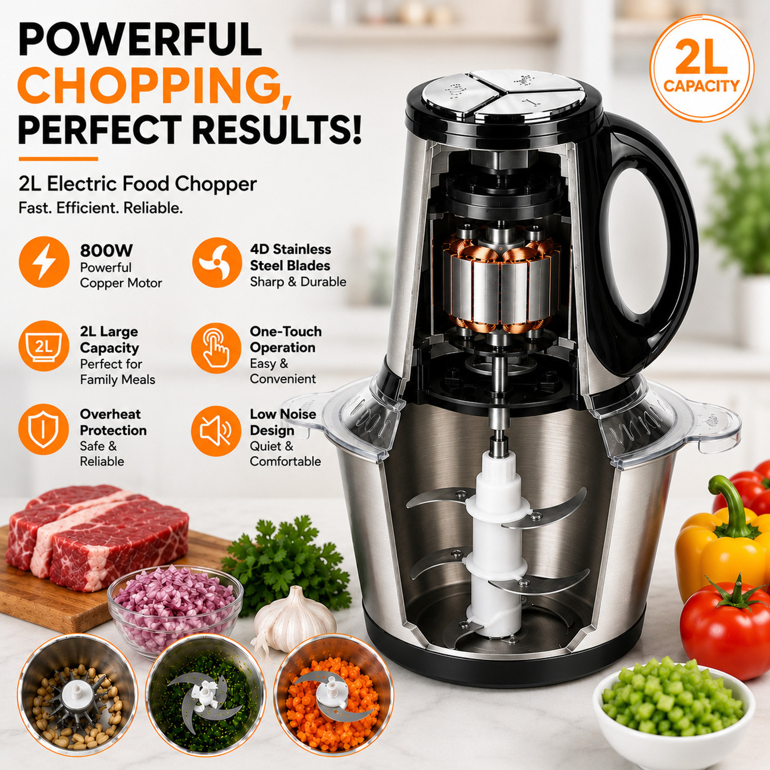 Image of Sparkan Steel Meat Grinder 2 Liter with Handle - Stainless Steel Heavy Duty Food Chopper Electric Vegetable & Fruit Chopper