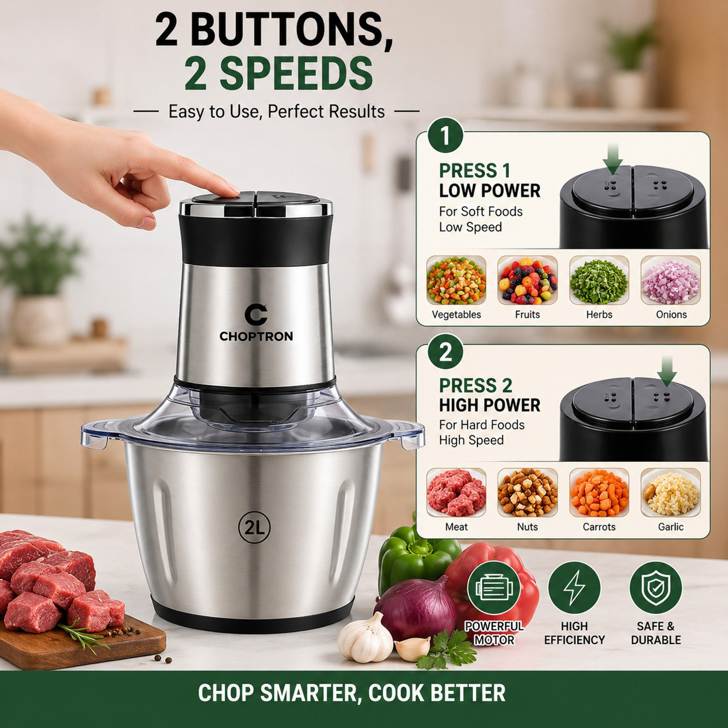 Image of CHOPTRON 2L Electric Food Chopper with Stainless Steel Bowl for Vegetables, Meat & Nuts Electric Vegetable & Fruit Chopper