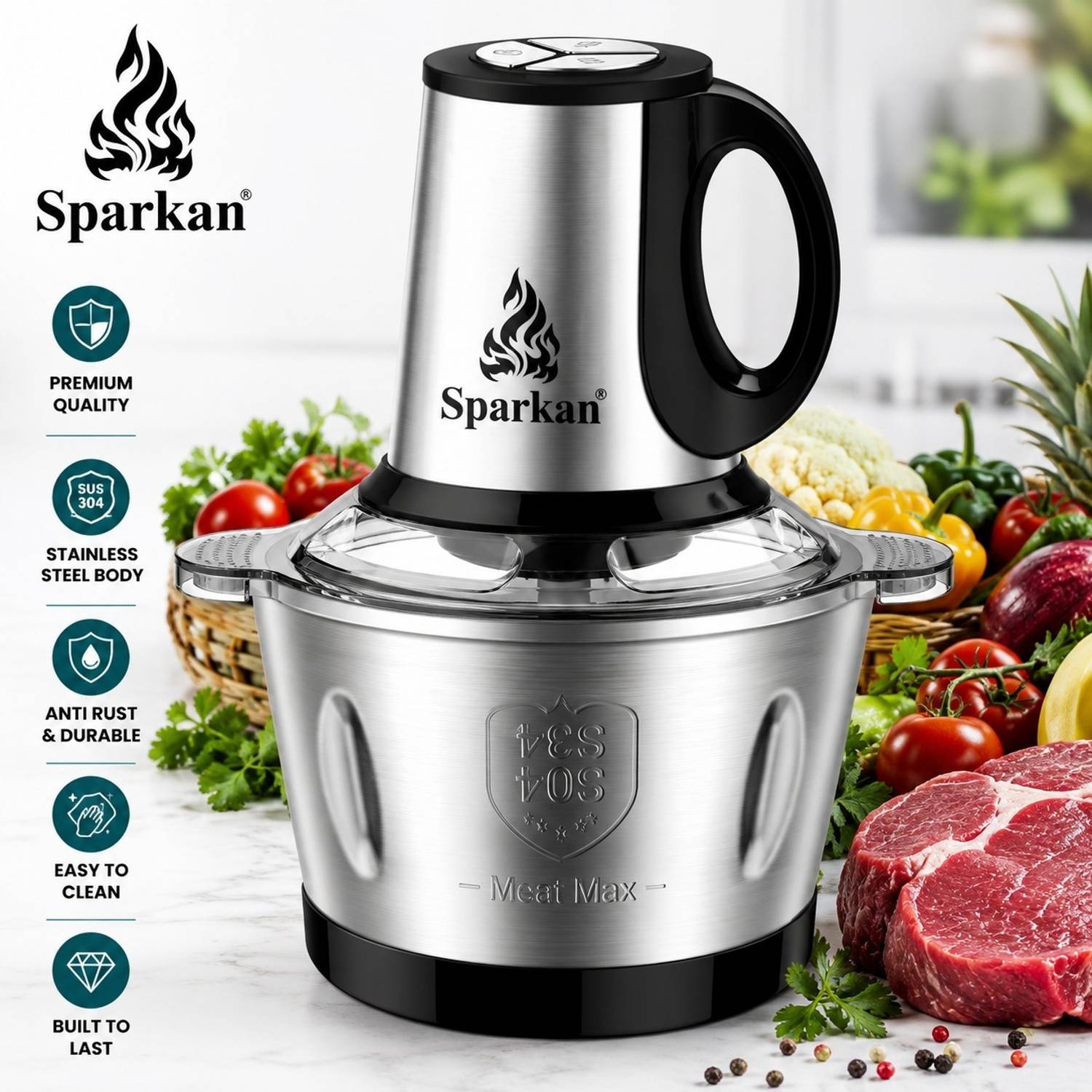 Sparkan Meat Grinder 3 Liter with Handle - Stainless Steel Heavy Duty Food Chopper Electric Vegetable & Fruit Chopper — Food Processors & Choppers