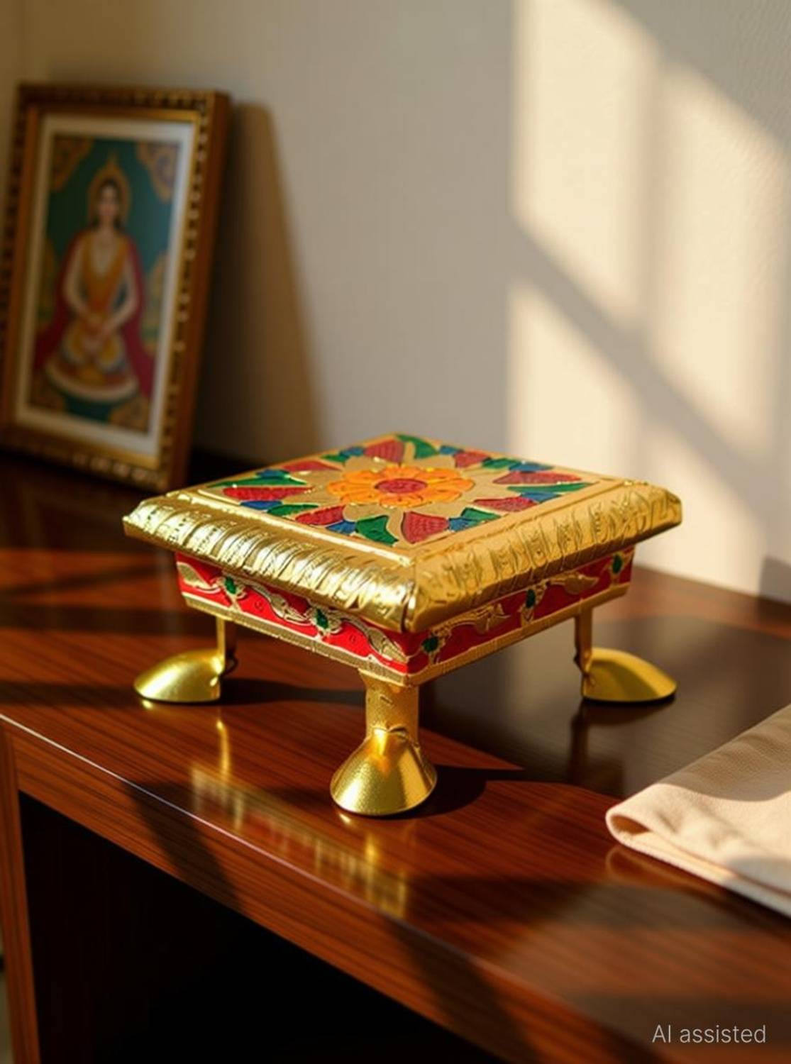 Apkamart Wooden Minakari Chowki Bajot | Wooden Patla - 4 Inch Wooden Pooja Chowki