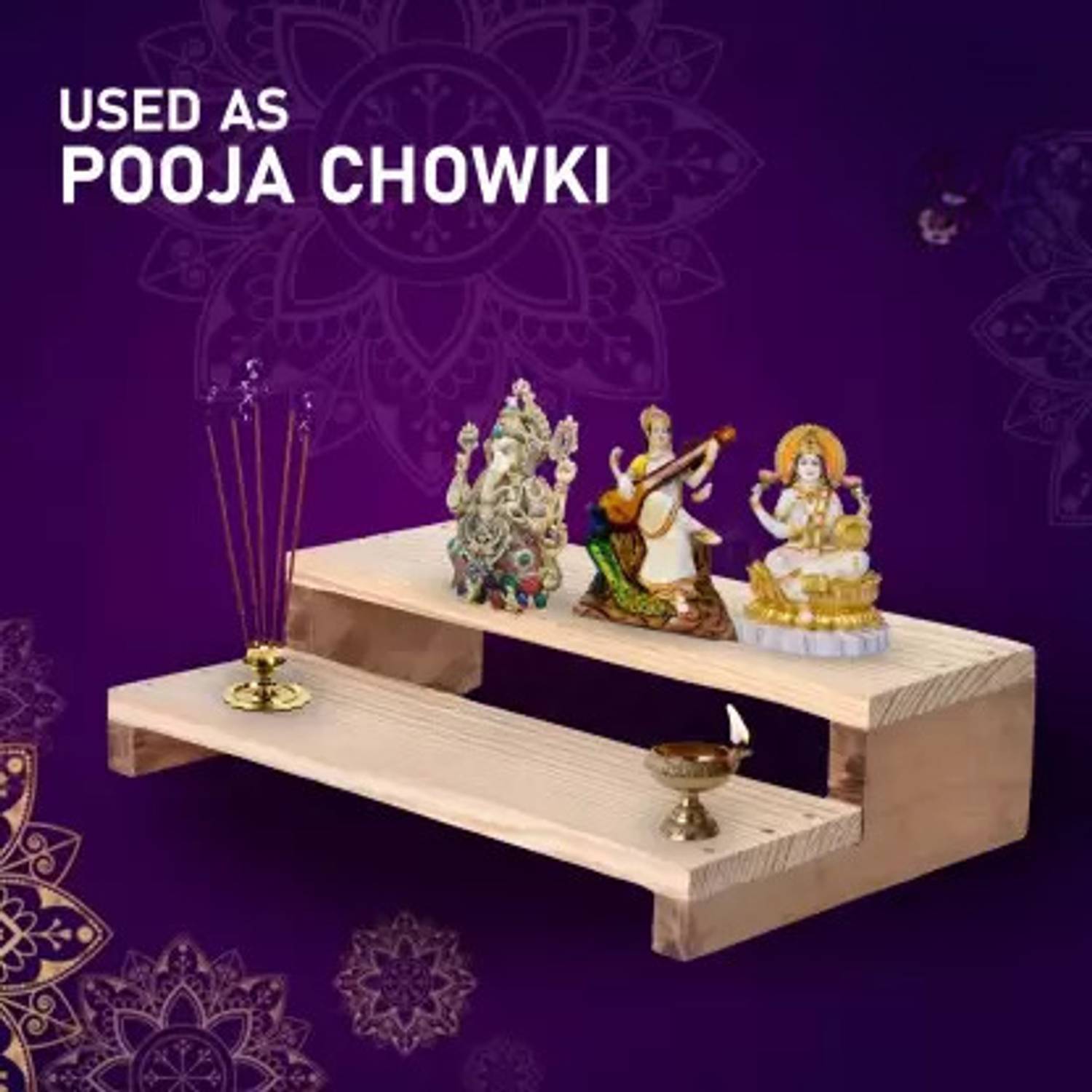 Abhi Creation AGRICO 2 step mini wooden chowki for mandir/pooja with hard babool wood legs Wooden All Purpose Chowki