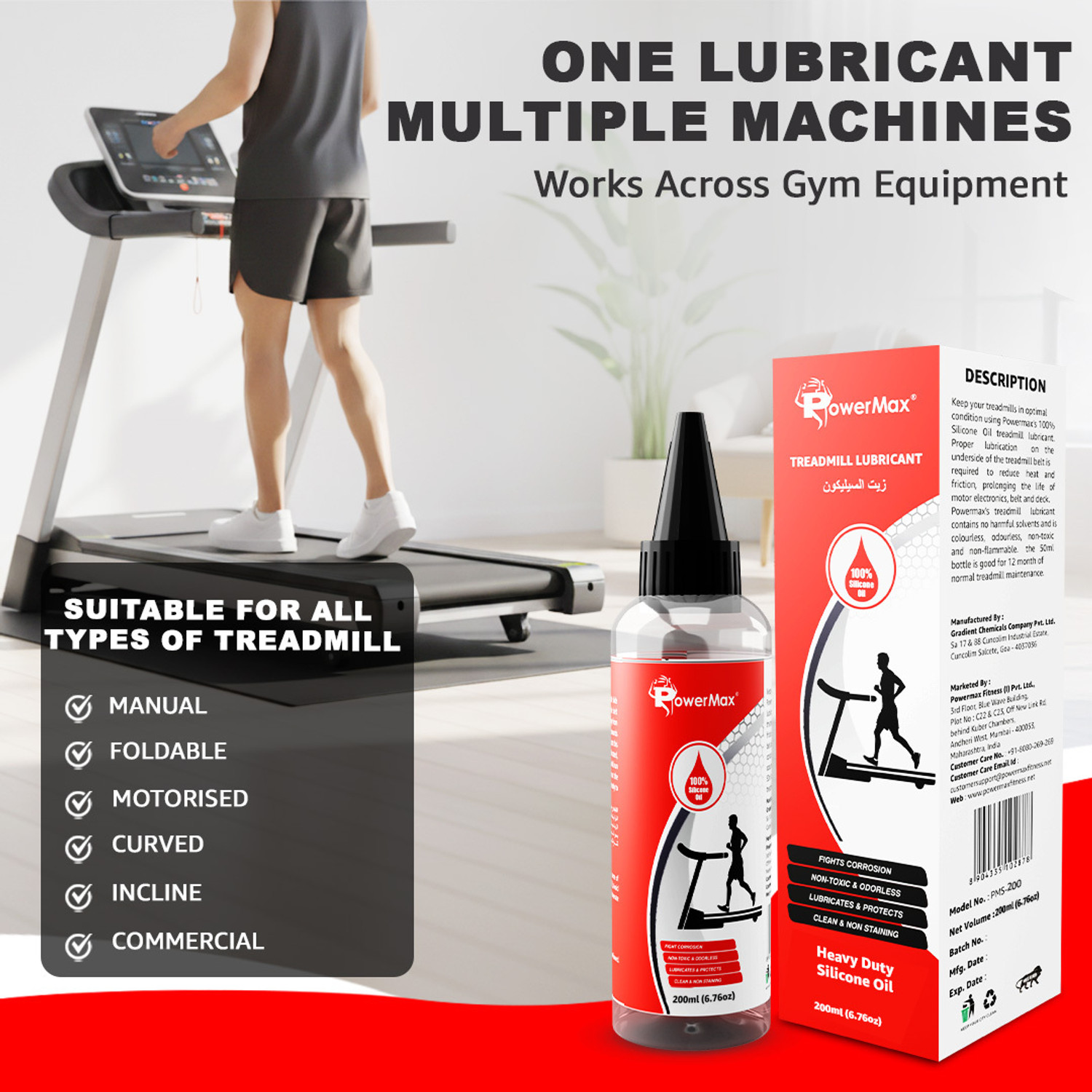 Image of Powermax Fitness PMS-200 (200ml Silicone Oil Bottle) 100% Pure Silicone Treadmill Belt Lubricant Manual Dispenser