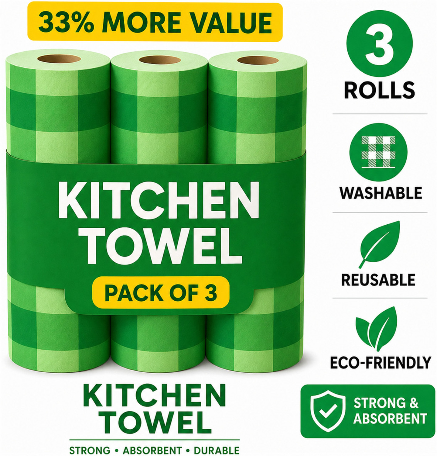 Image of KITCHENBIZ kitchen towel roll pack of 3 Wet and Dry Non-woven Cleaning Cloth