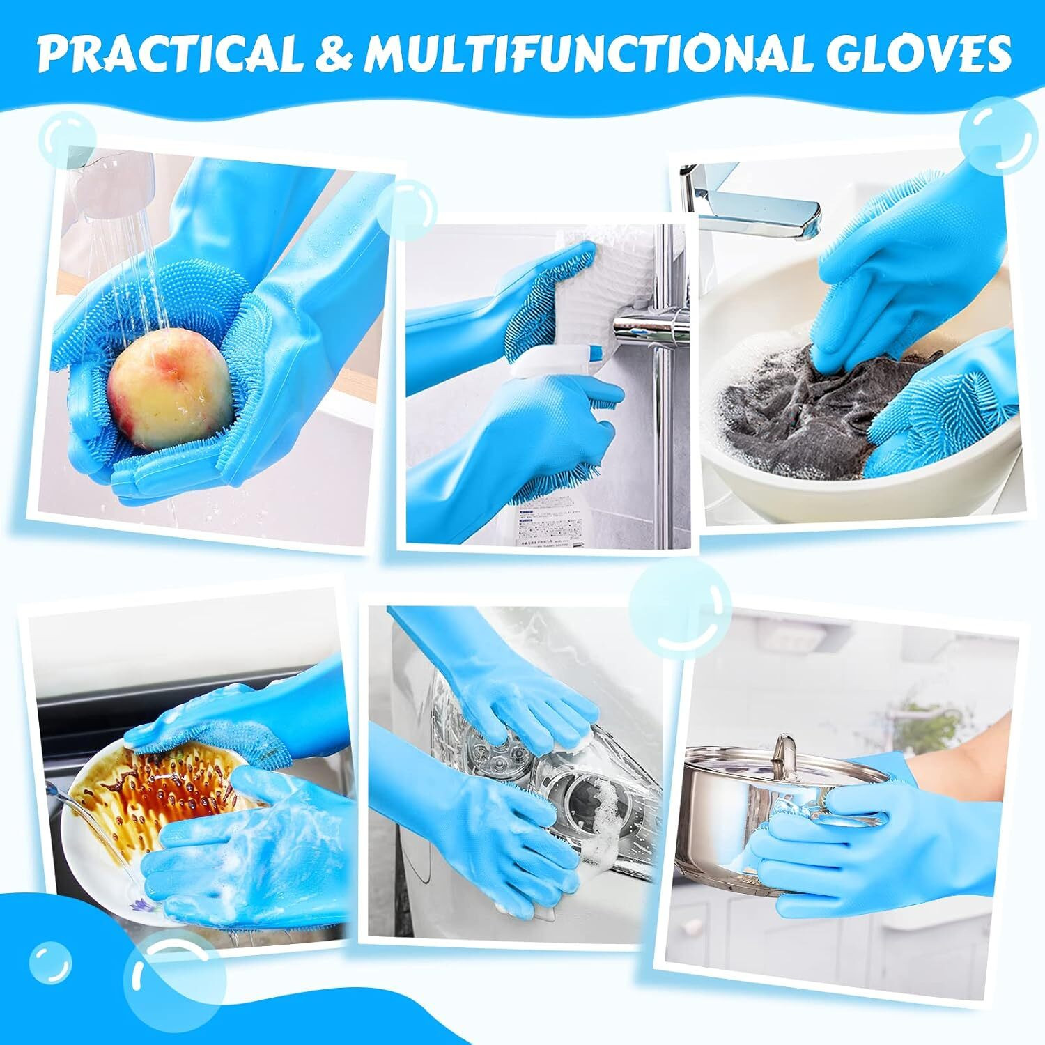 Image of HM EVOTEK Silicone Gloves Dishwashing Kitchen Scrubber Grip Daily Household Use Gloves Wet and Dry Glove