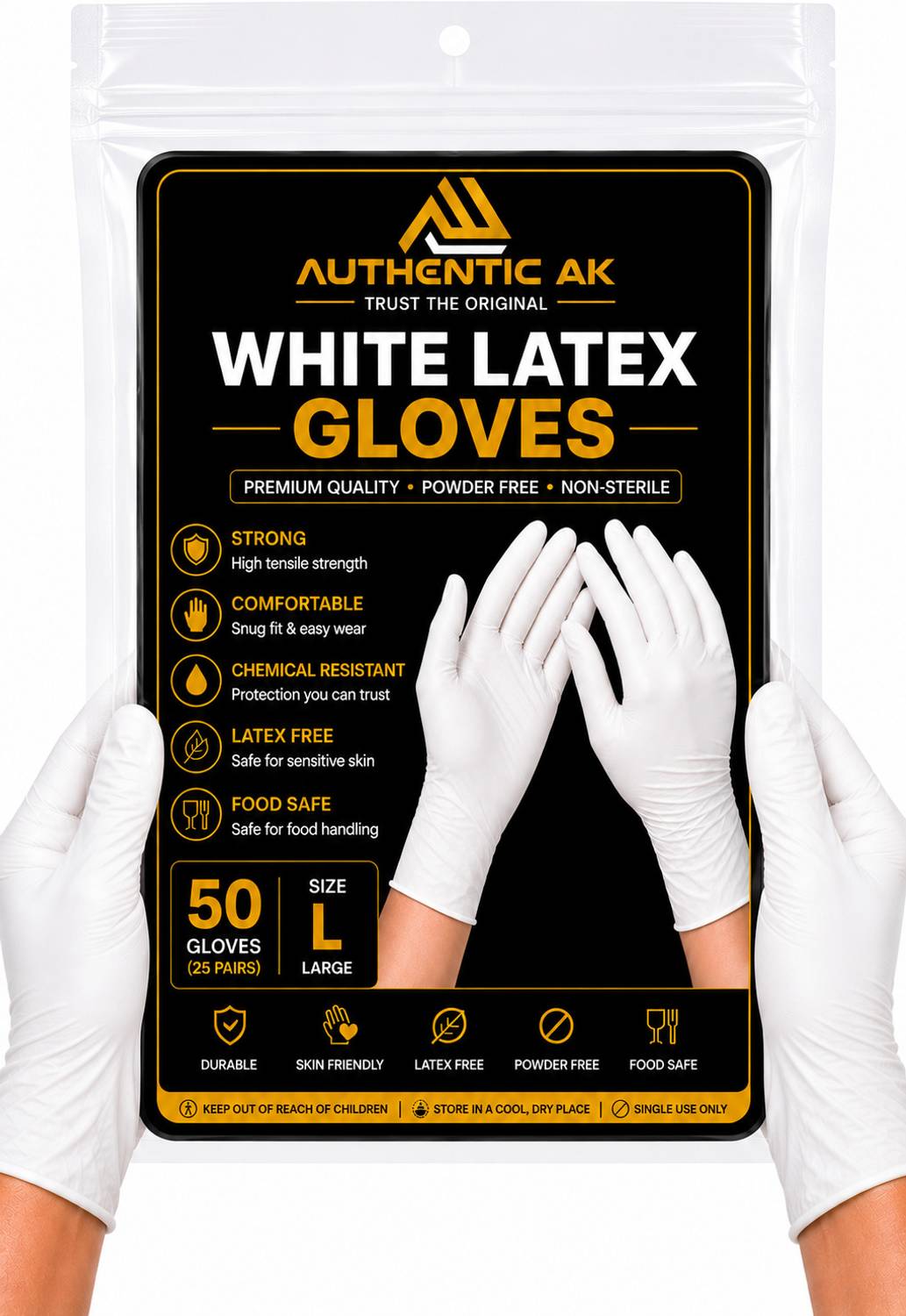 AUTHENTIC AK Latex Gloves Powder Free Food Grade Disposable White Latex Gloves Pack of 50 Wet and Dry Disposable Glove Set
