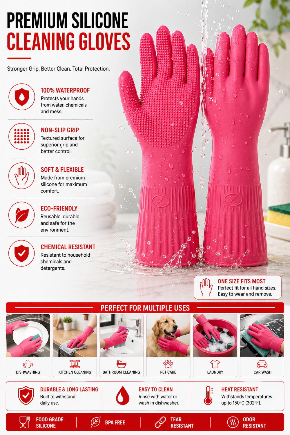 Image of Donizard Dishwashing Cleaning Gloves, Hand Gloves for Washing Utensils (1 Pair) Wet and Dry Glove