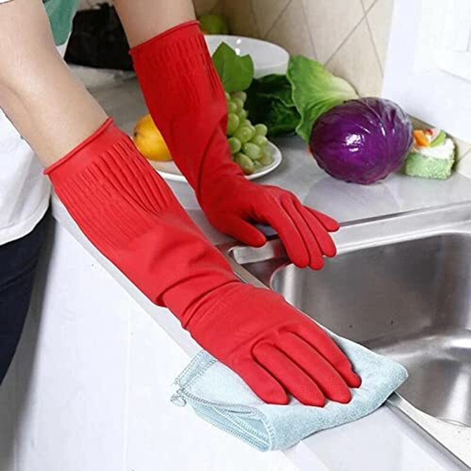 Image of MPR4 Latex Rubber Elbow length hand glove for kitchen Dishwashing and gardening Wet and Dry Glove Set