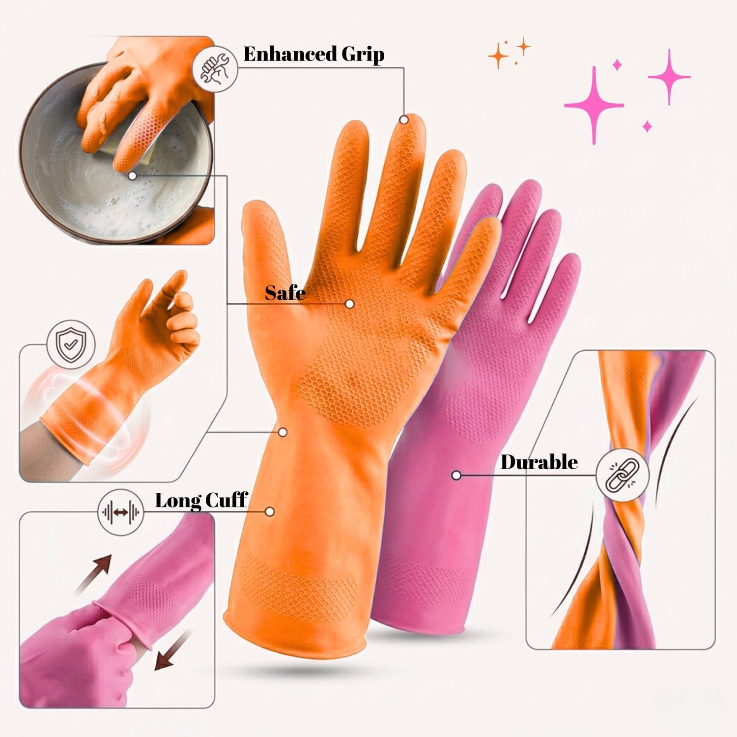 Image of tick mark Long Lasting Household Cleaning Hand Gloves Combo | Kitchen Bathroom Toilet Use Wet and Dry Glove Set