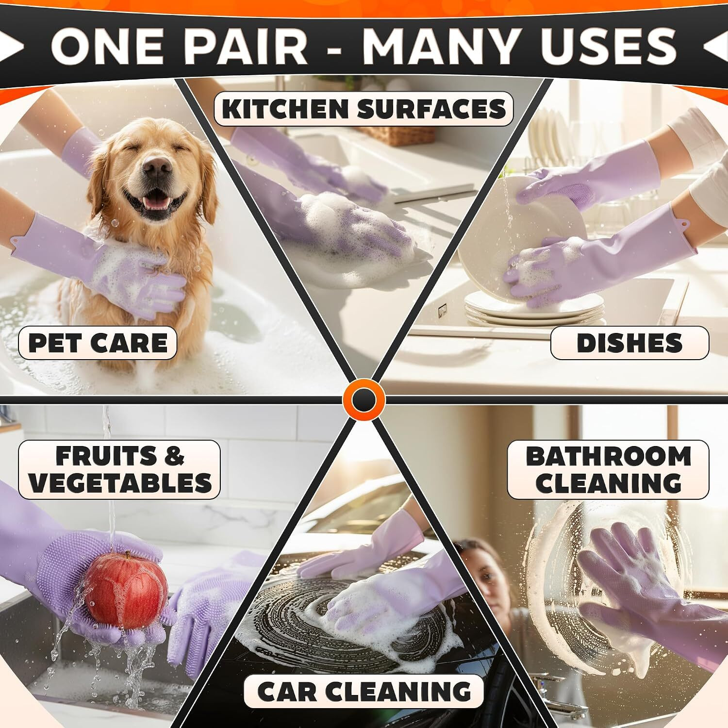 Image of DM SPECIALLY FOR SPECIALIST Silicone Dishwashing Gloves with Built-in Scrubber Wet and Dry Glove Set
