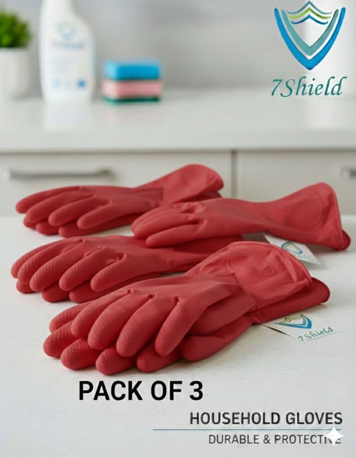 7SHIELD Red Household Cleaning Gloves with Strong Grip & Tear-Resistant Build Wet and Dry Disposable Glove Set