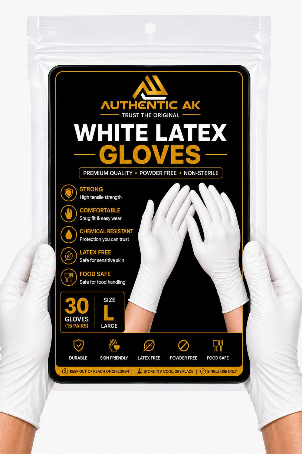 AUTHENTIC AK Latex Gloves Powder Free Food Grade Disposable White Latex Gloves Pack of 30 Wet and Dry Disposable Glove Set