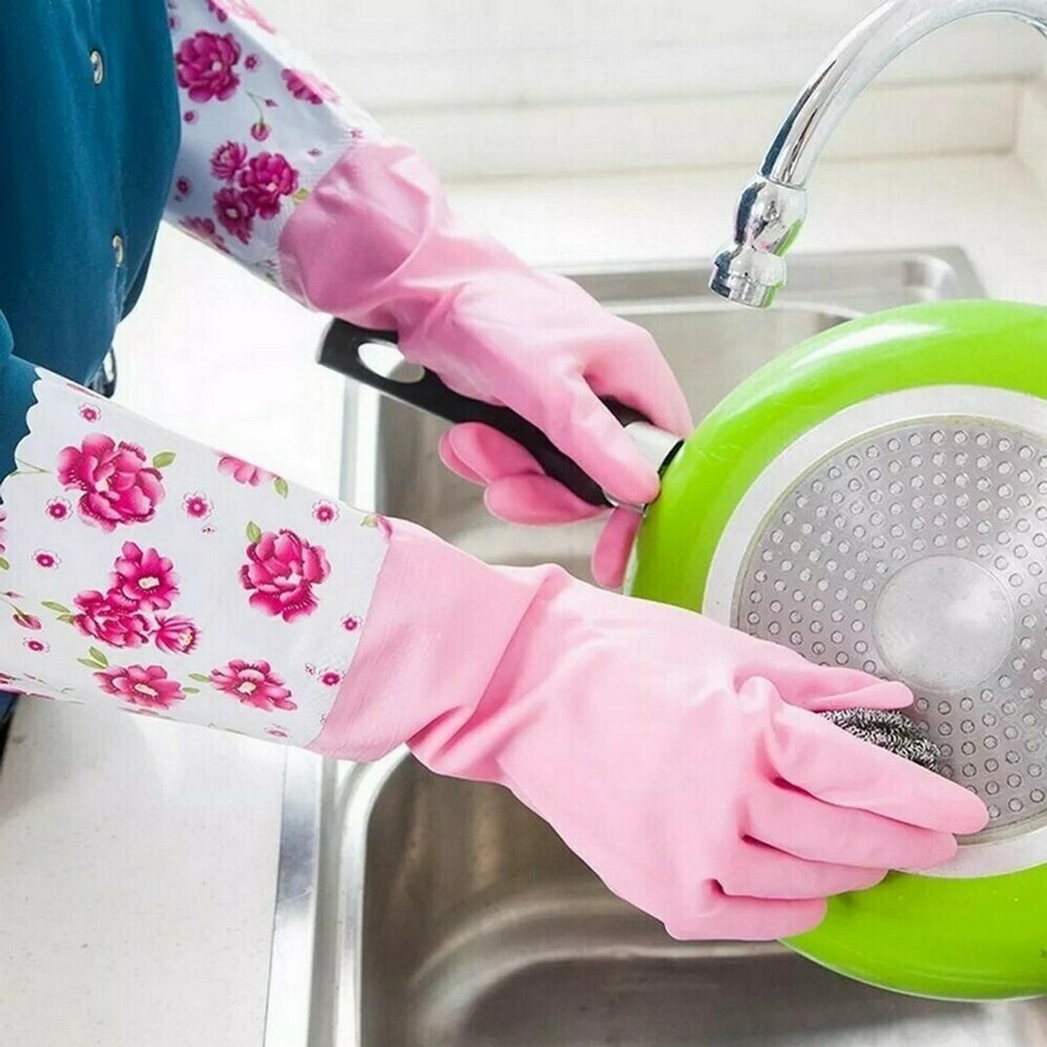 Image of krenz Reusable Rubber Latex PVC Flock lined Hand Gloves For Kitchen Long Sleeves Wet and Dry Glove Set