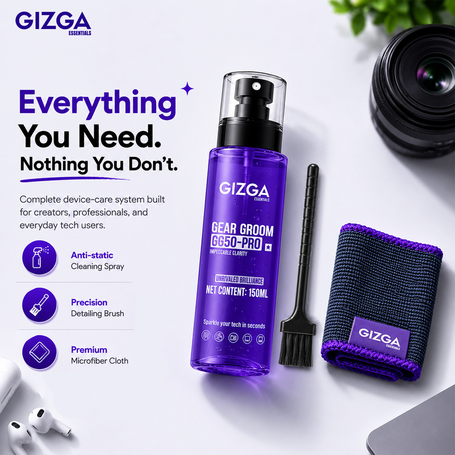 Image of Gizga Essentials 3 in 1 Professional Cleaning Kit for Mobile etc. for Mobiles, Laptops, Computers