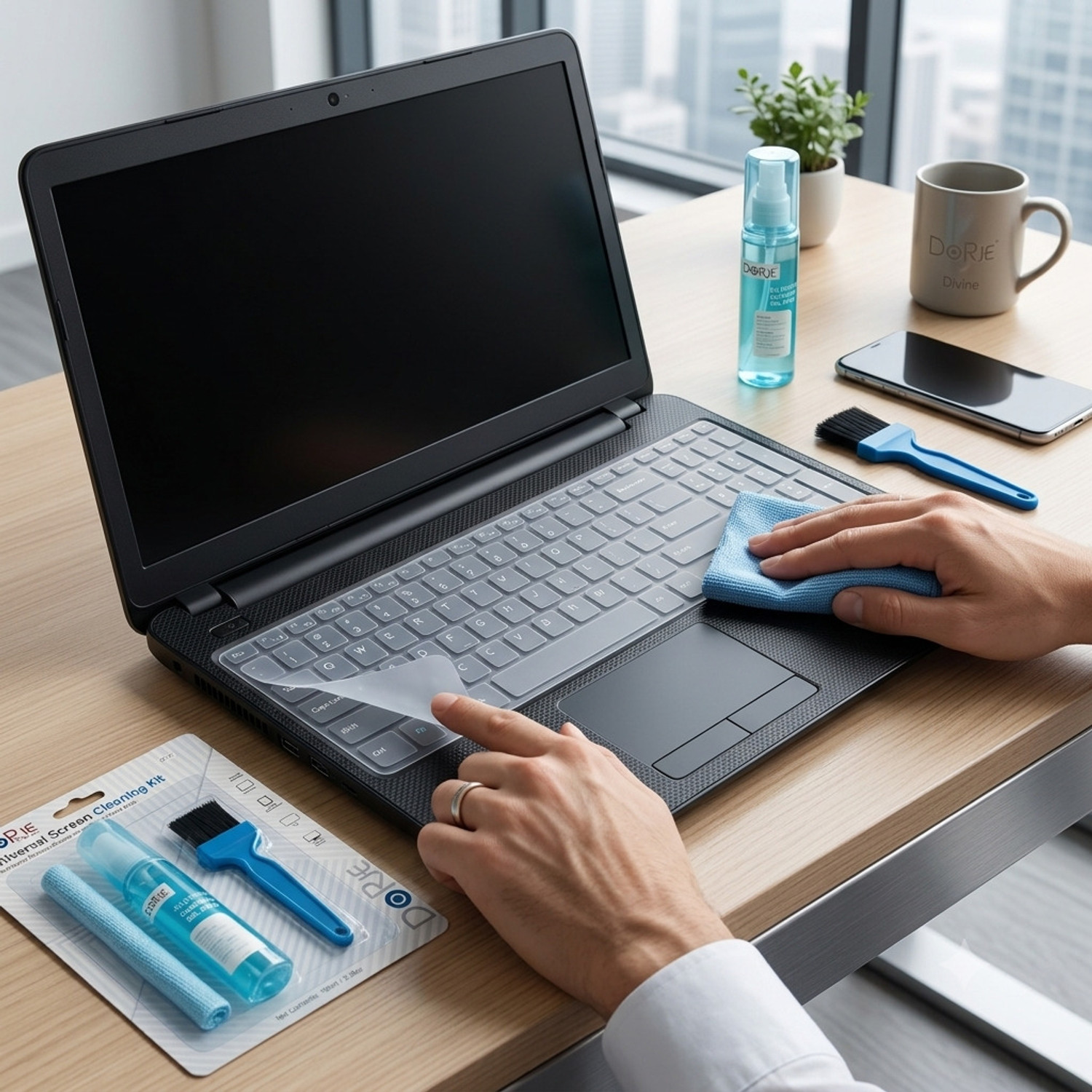 Image of Dorje 3 in 1 Cleaning Kit AND 15 INCH KEYBOARDSKIN Set for Computers, Laptops