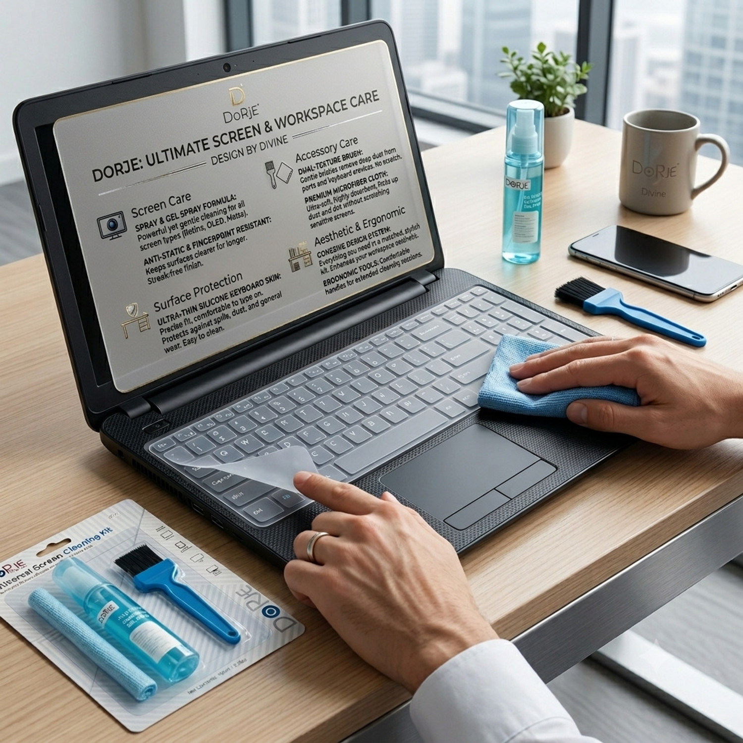 Image of Dorje 3 in 1 Cleaning Kit AND 15 INCH KEYBOARDSKIN Set for Computers, Laptops