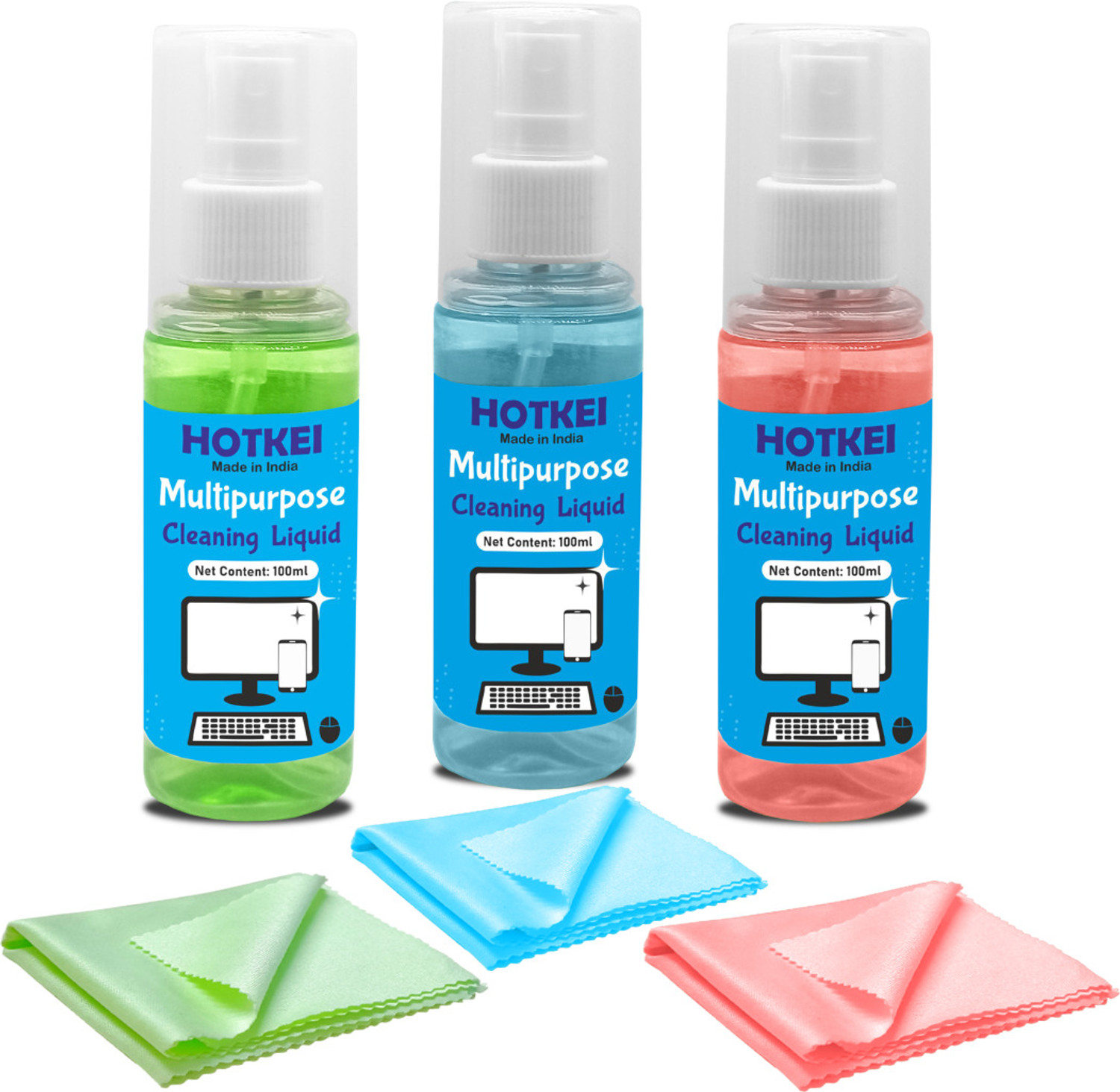 Image of HOTKEI (Pack of 3) 100ml Combo Scented Laptop Screen Cleaner Cleaning Liquid Spray Kit for Laptops, Computers, Mobiles, Gaming