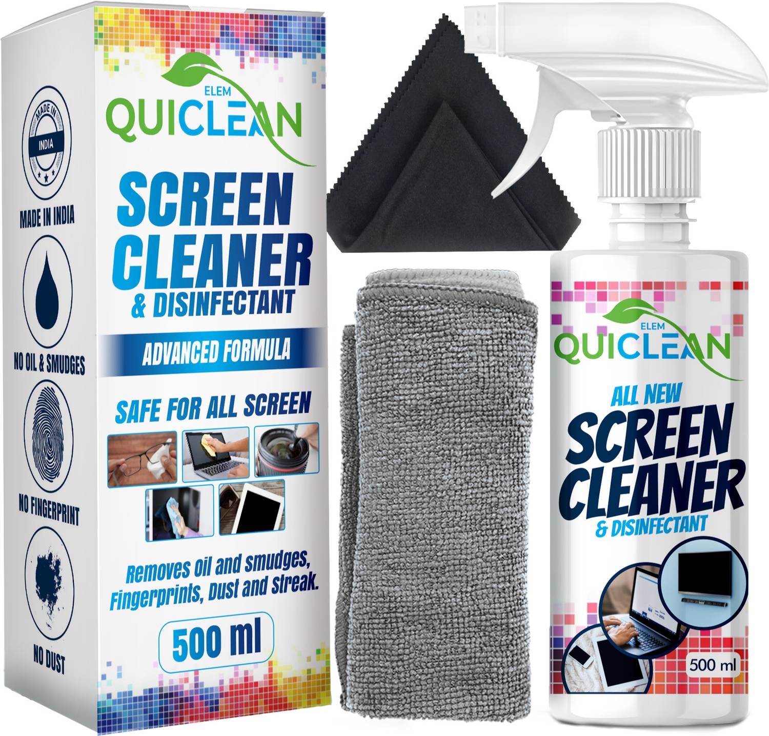 QUICLEAN Screen & Lens Cleaner 500 ml with Microfiber Cloth - Image 1