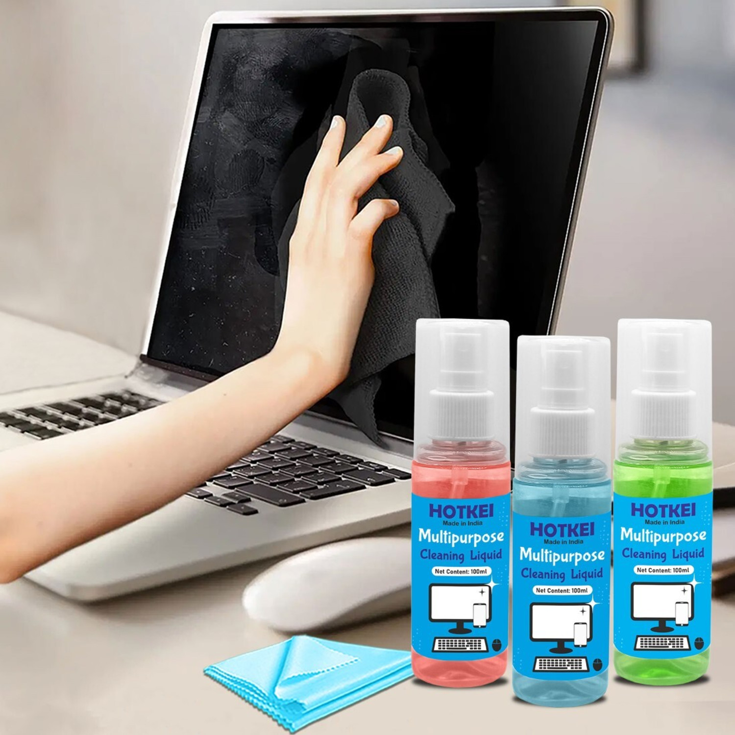 Image of HOTKEI (Pack of 3) 100ml Combo Scented Laptop Screen Cleaner Cleaning Liquid Spray Kit for Laptops, Computers, Mobiles, Gaming