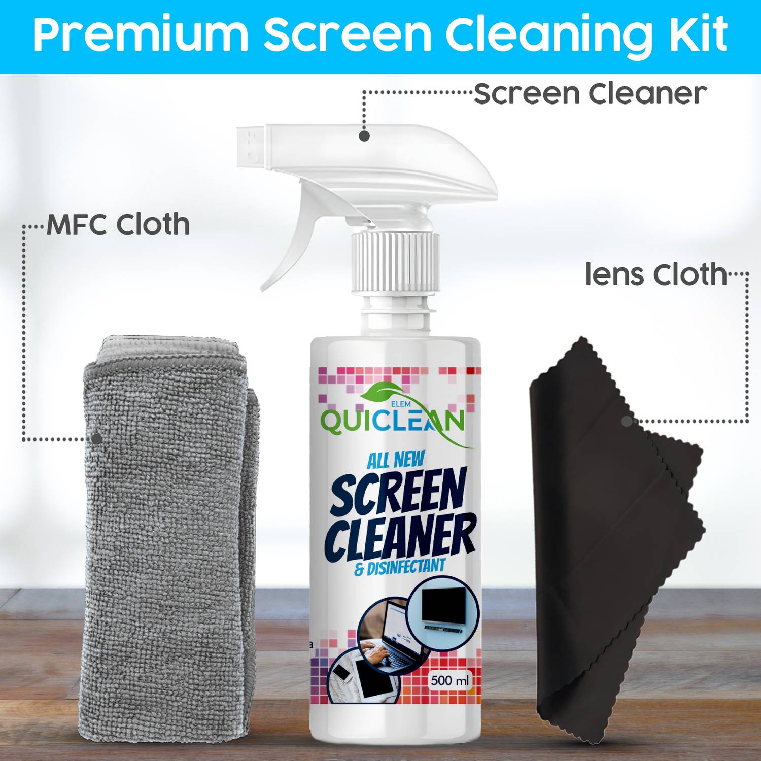 QUICLEAN Screen & Lens Cleaner 500 ml with Microfiber Cloth - Image 2