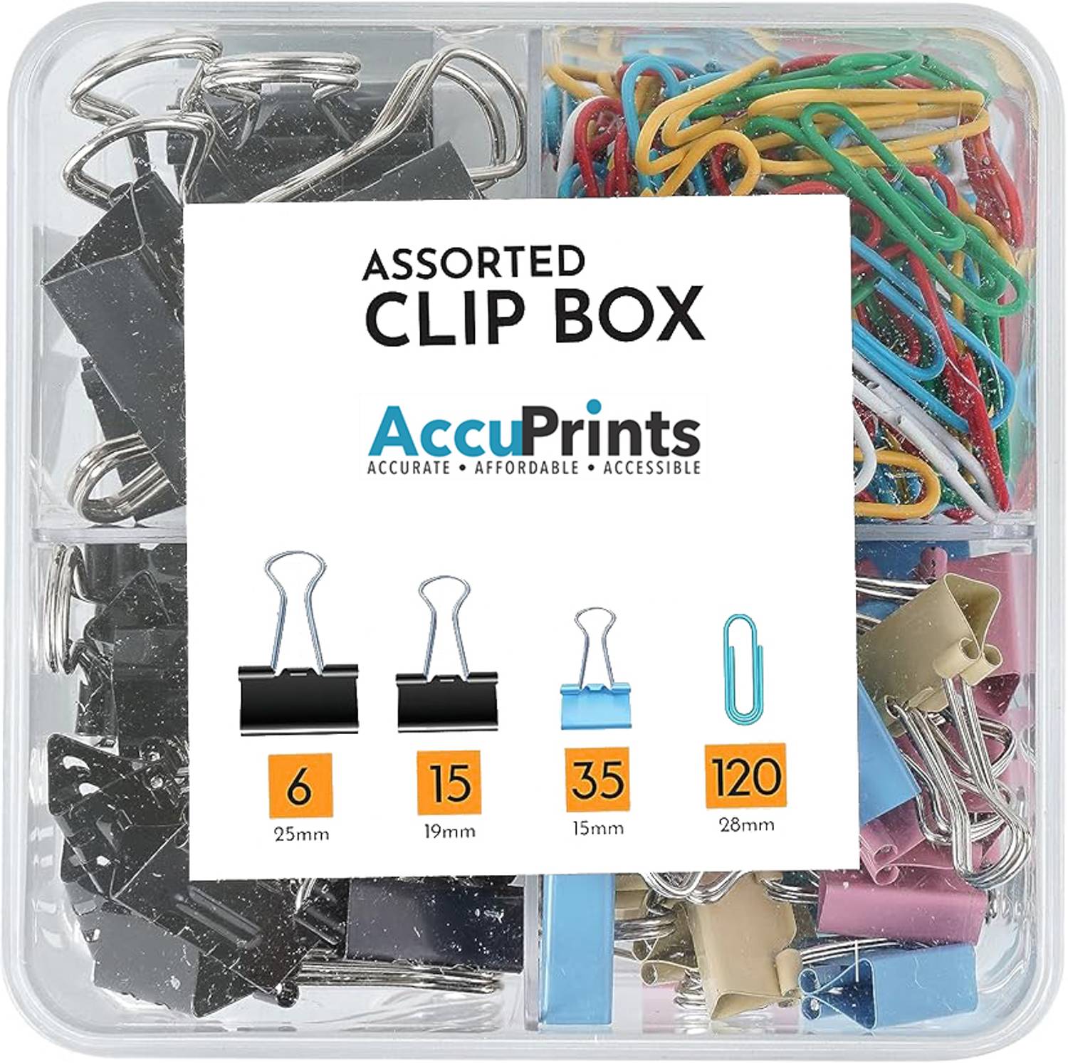 AccuPrints Stationery Binding Supplies for Loose Papers, Files, DIY, Office and School Use BINDER CLIPS-25mm-6 pcs-19mm- 15 pcs-15mm- 35pcs, 25mm and PAPER CLIPS - 120 pcs tempered steel Clip Type: 56 Binder Clips and 120 Paper Clips