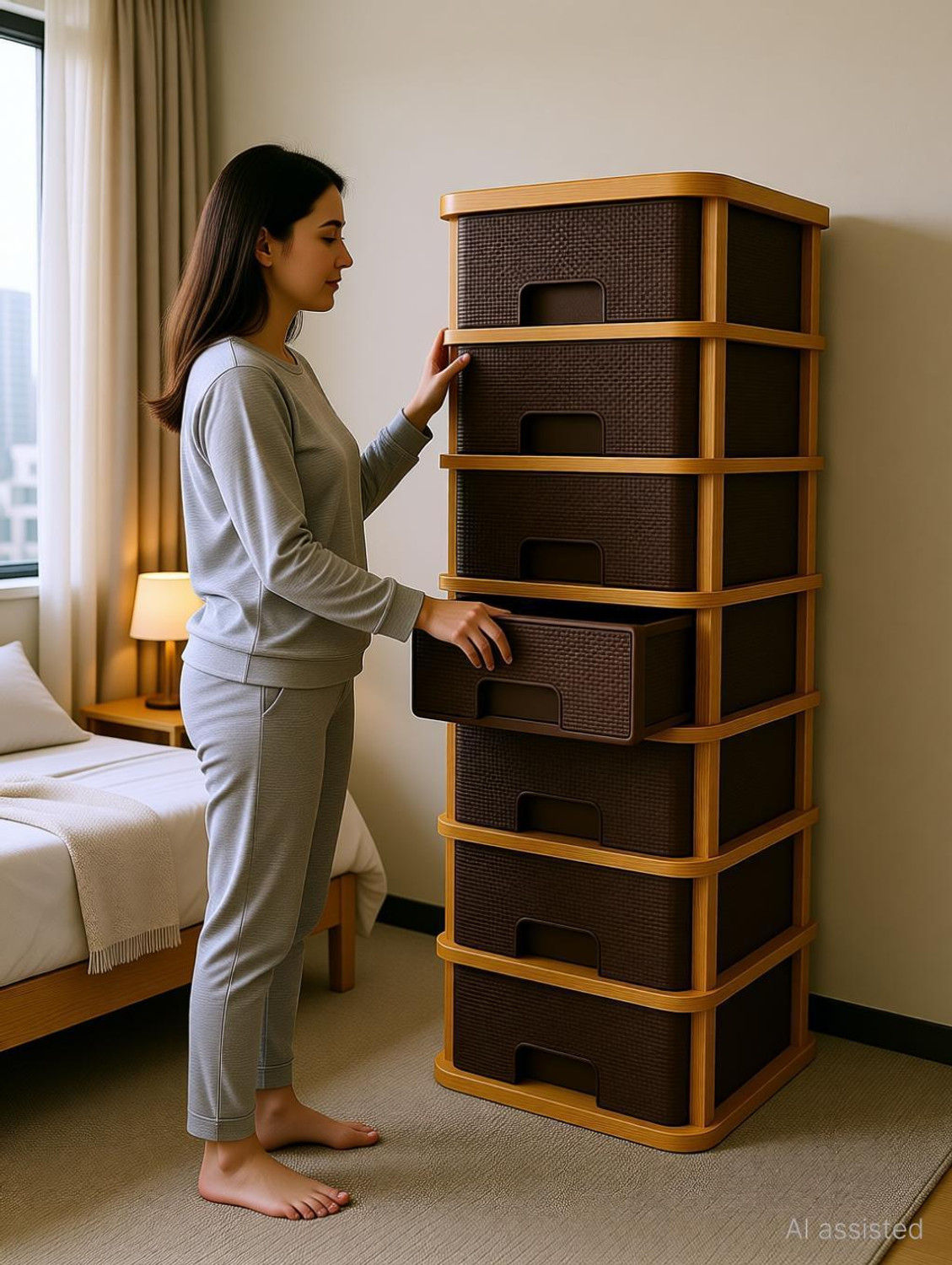 Image of MAXTID 7 Brown Nakoda Plastic Wardrobe Clothes:Versatile Cupboard Free Standing Drawer Divider