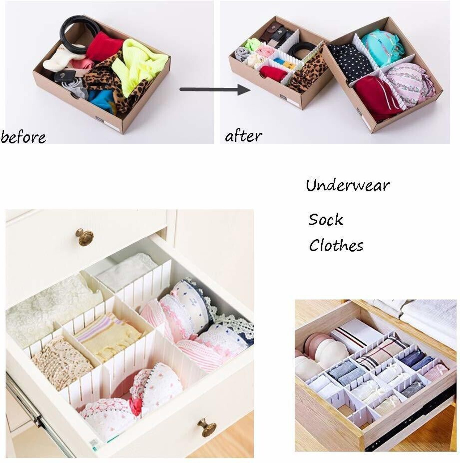 Image of NH WORLD 12 PCs Adjustable Stretchable Interlocking Drawer Clapboard Divider /Grid Closet Sorting Partition /Plastic Strips Separators cabinet Storage box organizer| Clothes /Socks /Makeup,12 Pc Drawer Divider