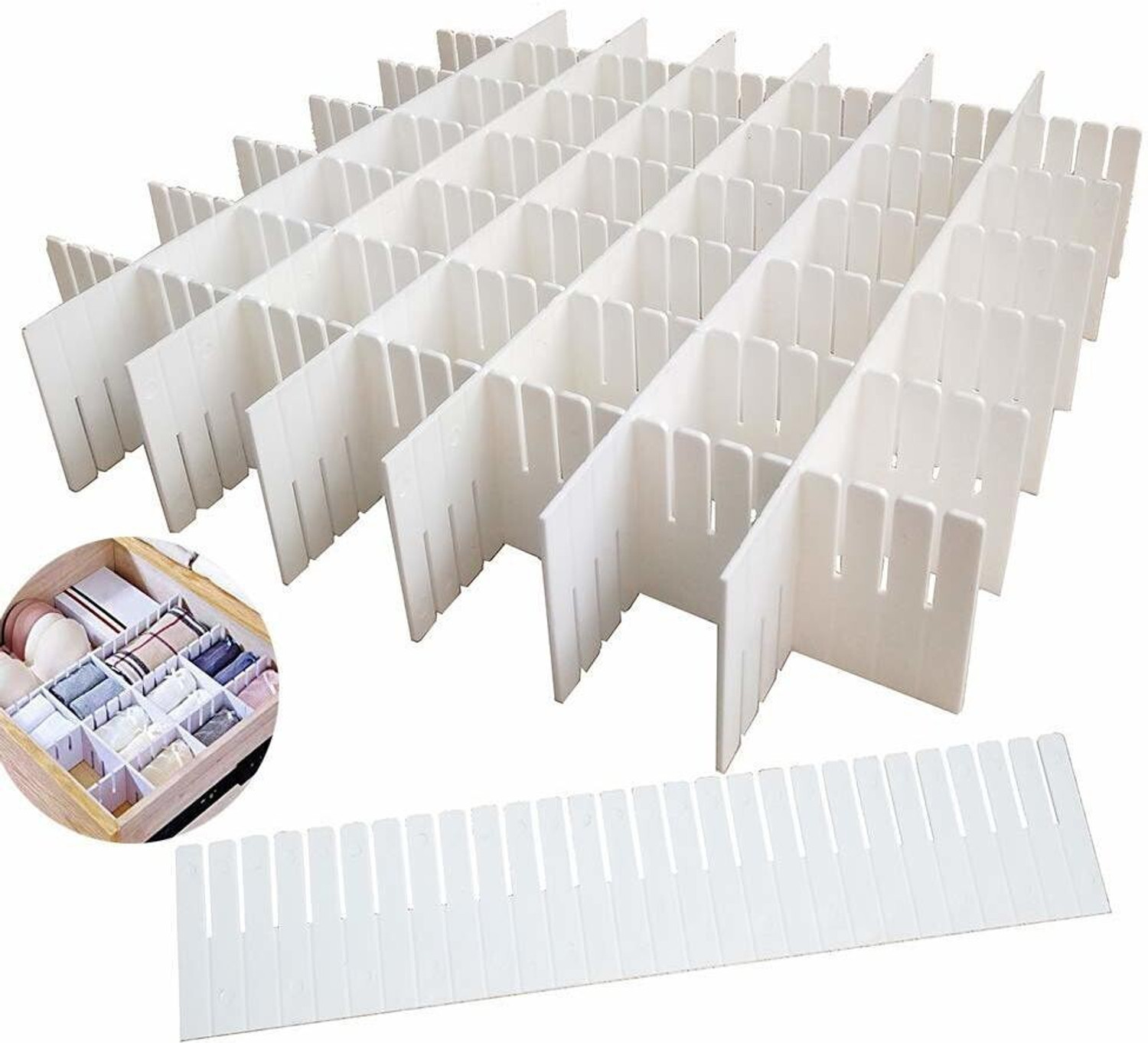 Image of NH WORLD 12 PCs Adjustable Stretchable Interlocking Drawer Clapboard Divider /Grid Closet Sorting Partition /Plastic Strips Separators cabinet Storage box organizer| Clothes /Socks /Makeup,12 Pc Drawer Divider