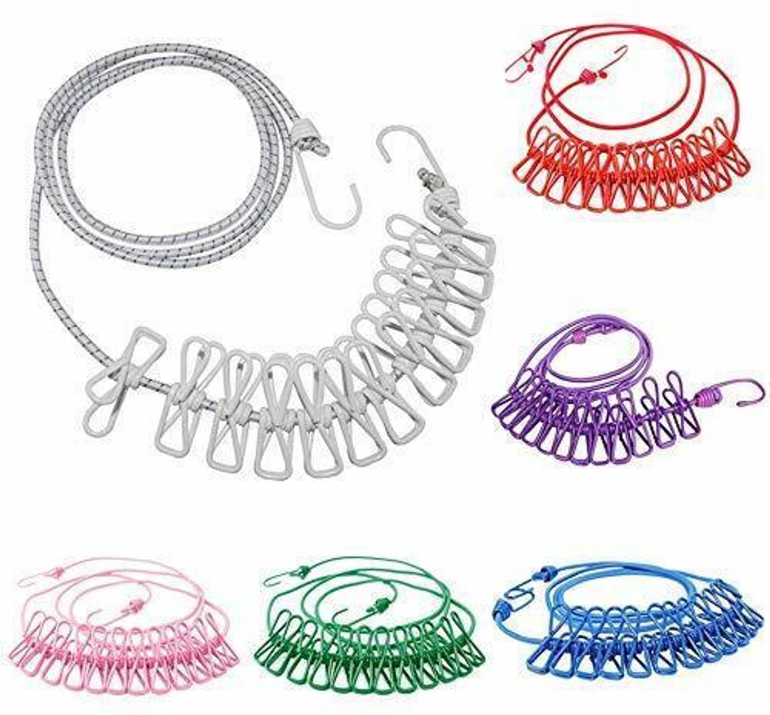 ALWAFLI Cloth-Drying Rope with Hooks Elastic Cloth Hanging 12 Clips Plastic, Steel Cloth Clips