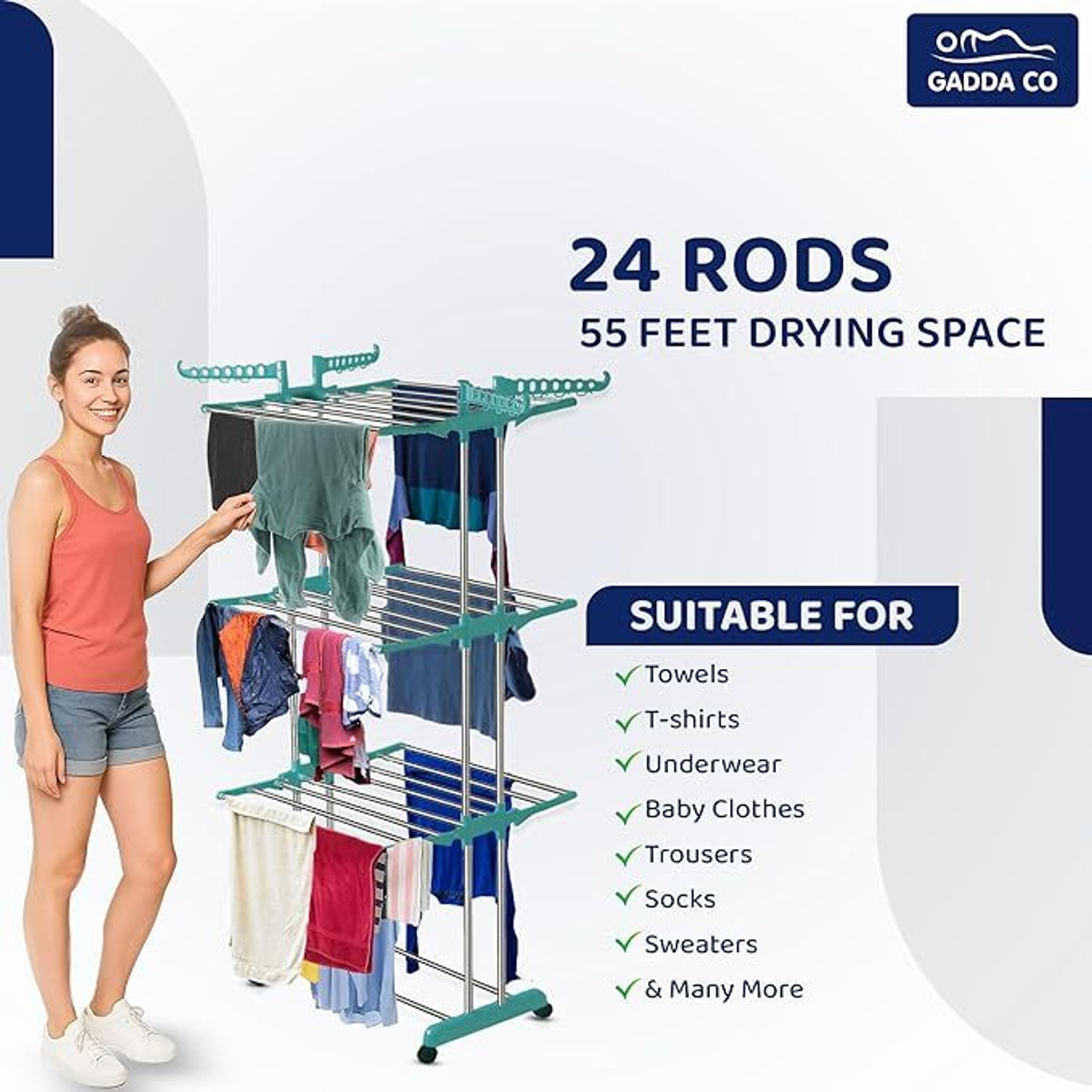 Image of GADDA CO Steel Floor Cloth Dryer Stand Premium Stainless Steel Clothes Stand For Drying With Wheels