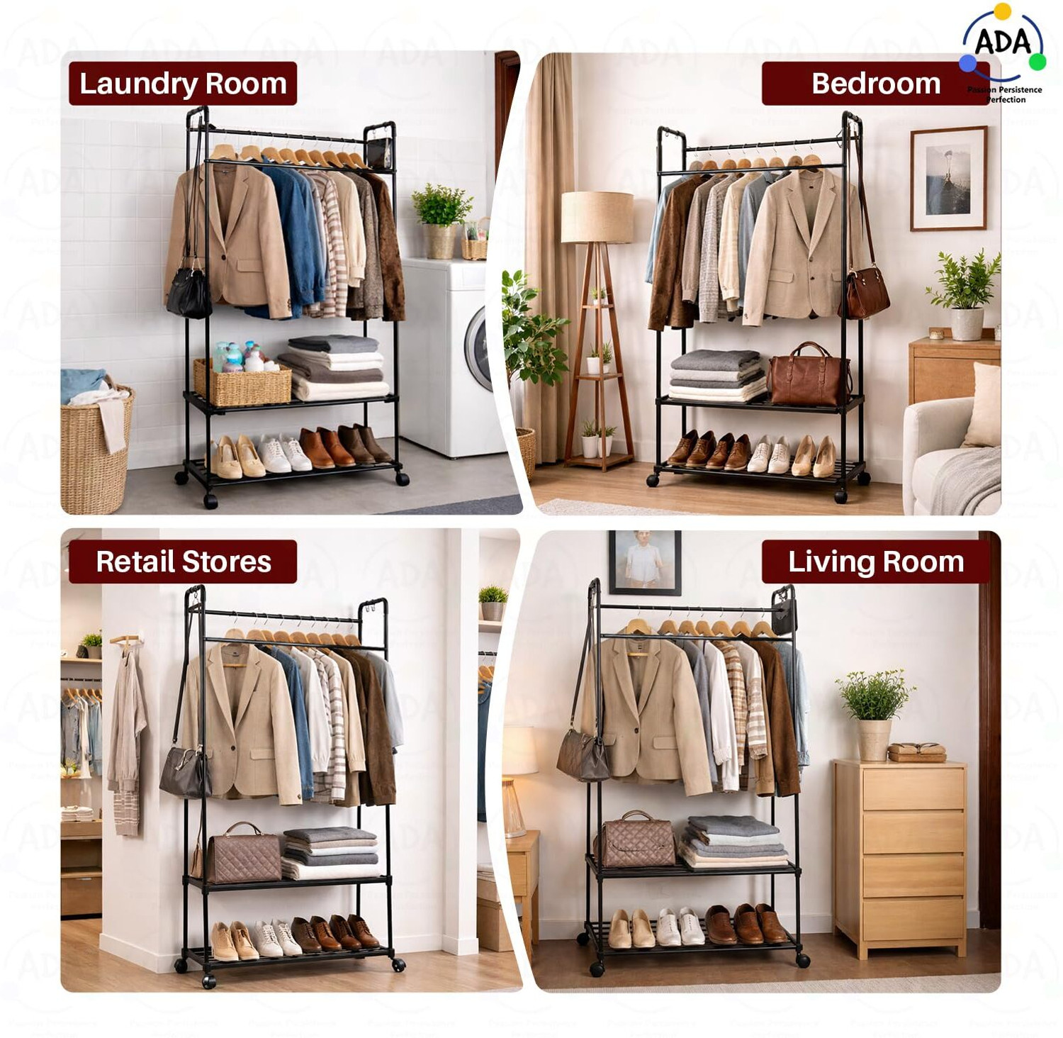Image of ADA Aluminium Floor Cloth Dryer Stand High Density Drizzle Metal Garment Rack with Side Hooks