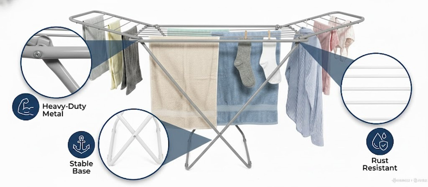 Image of qdpatzwq Steel Floor Cloth Dryer Stand Premium Stainless Steel 2-Tier Floor Cloth Dryer Stand (Heavy Duty)
