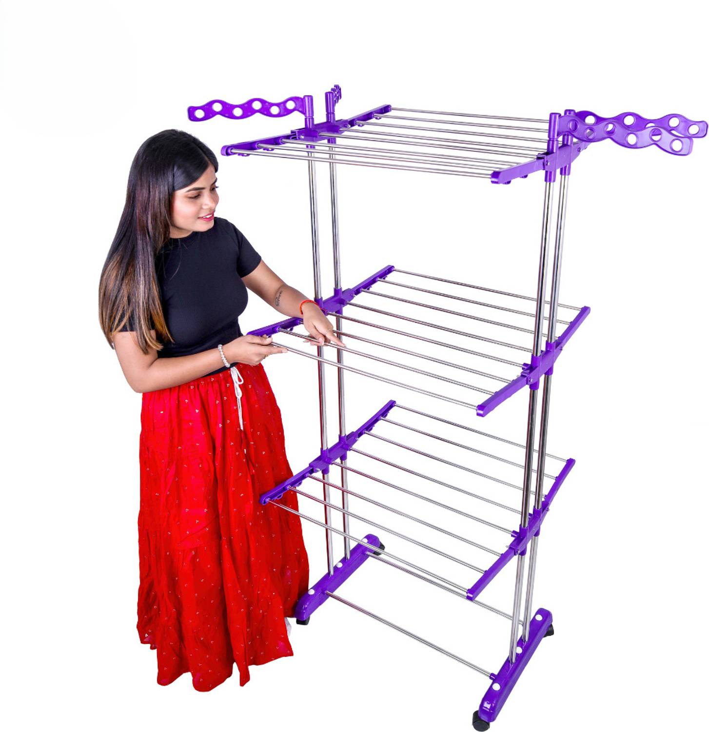 Unizone Steel, Aluminium, Plastic Floor Cloth Dryer Stand 4 Tier - Image 3