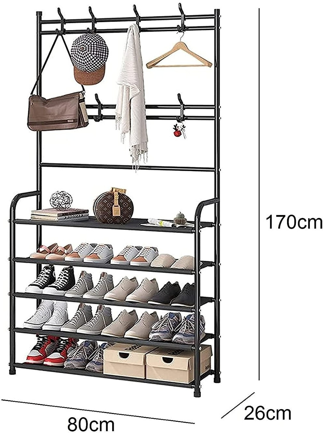 Image of Storia Metal Shoe & Coat Rack- Double Hook Row Design Metal, Plastic Collapsible Shoe Stand