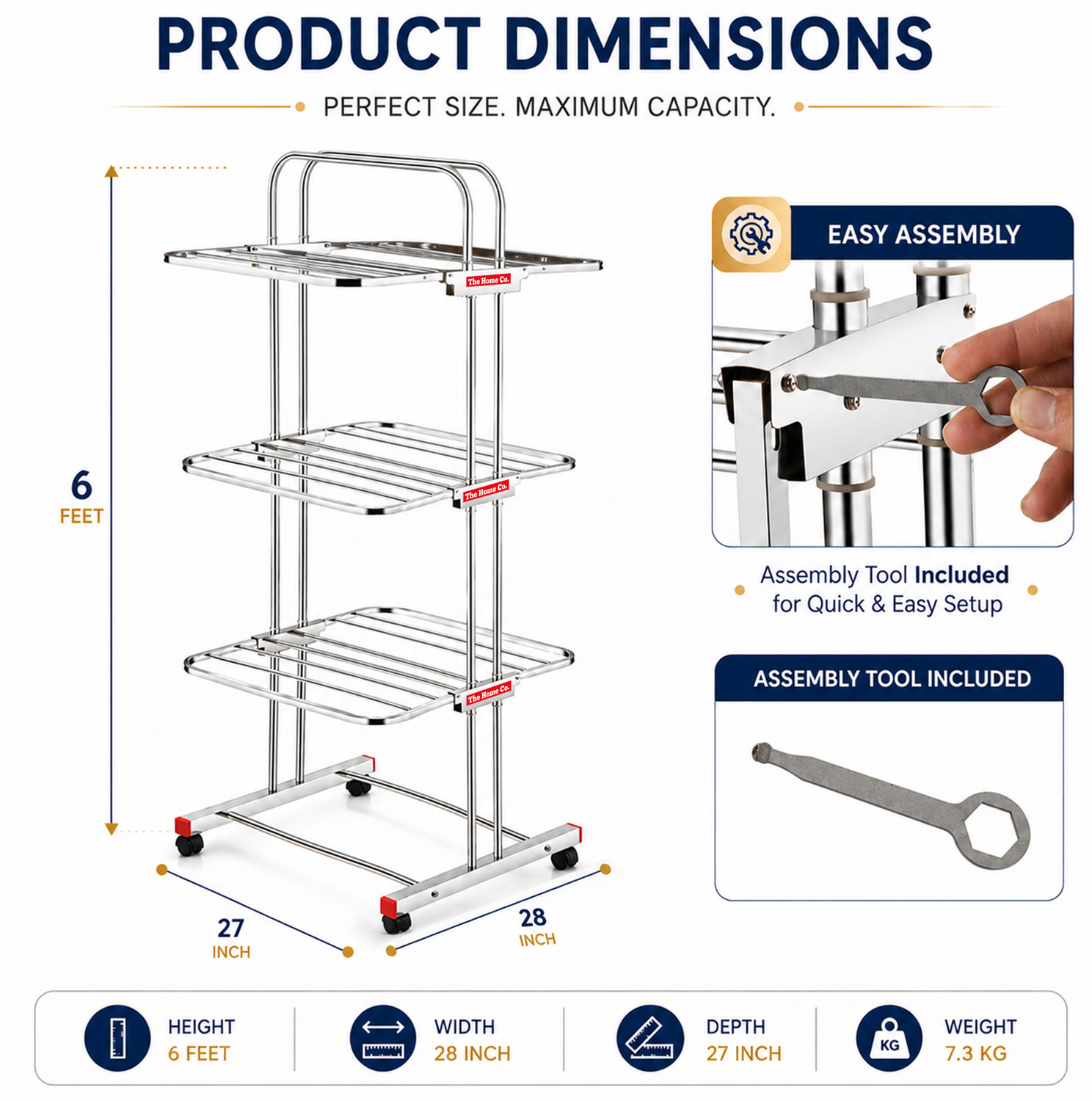 Image of The Home Co. Steel Floor Cloth Dryer Stand Drying Clothes Stainless Stand for Balcony