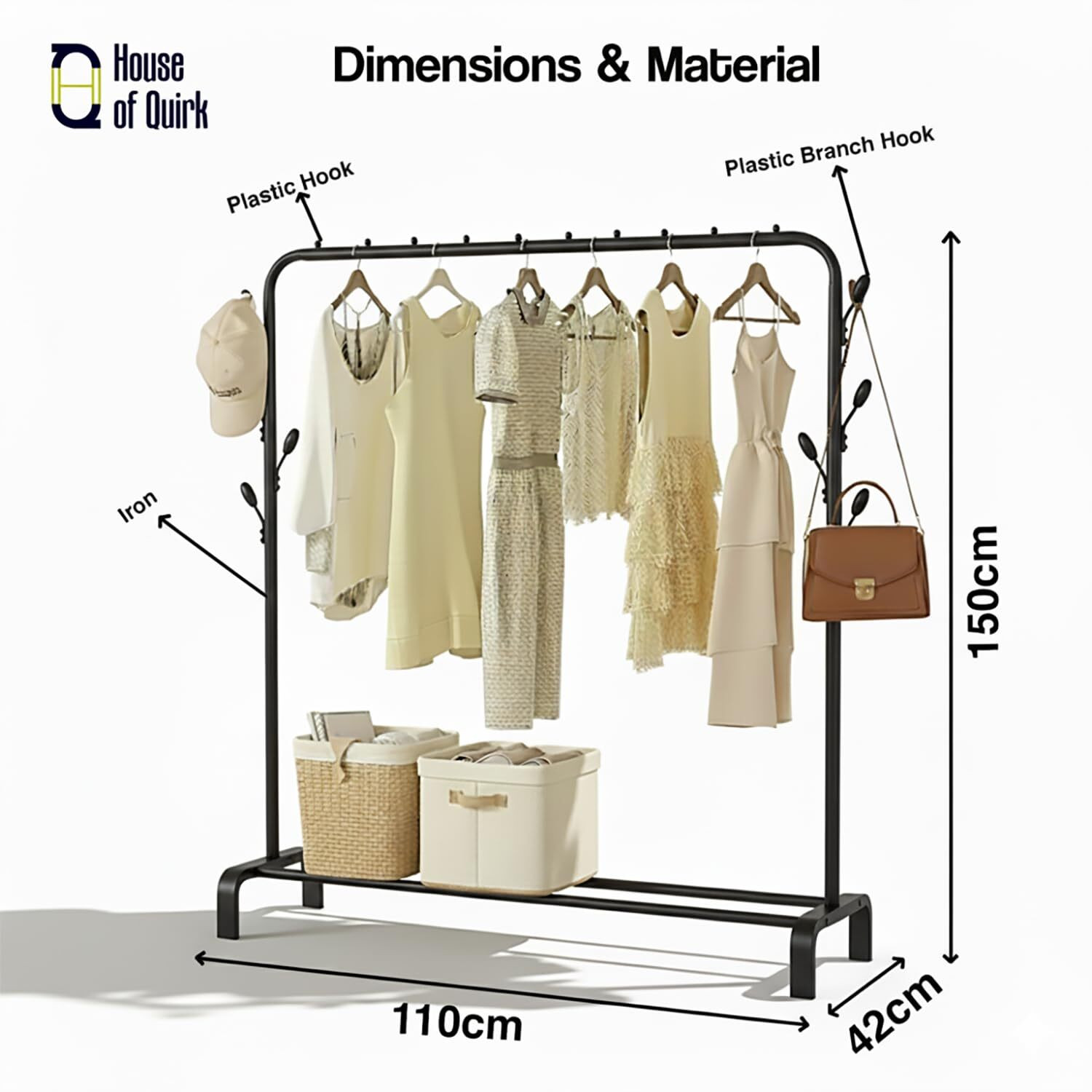 Image of HOUSE OF QUIRK Aluminium Floor Cloth Dryer Stand Garment Rack with 8 Branch Hooks - Freestanding Clothes Organizer Stand-White (1 Tier)