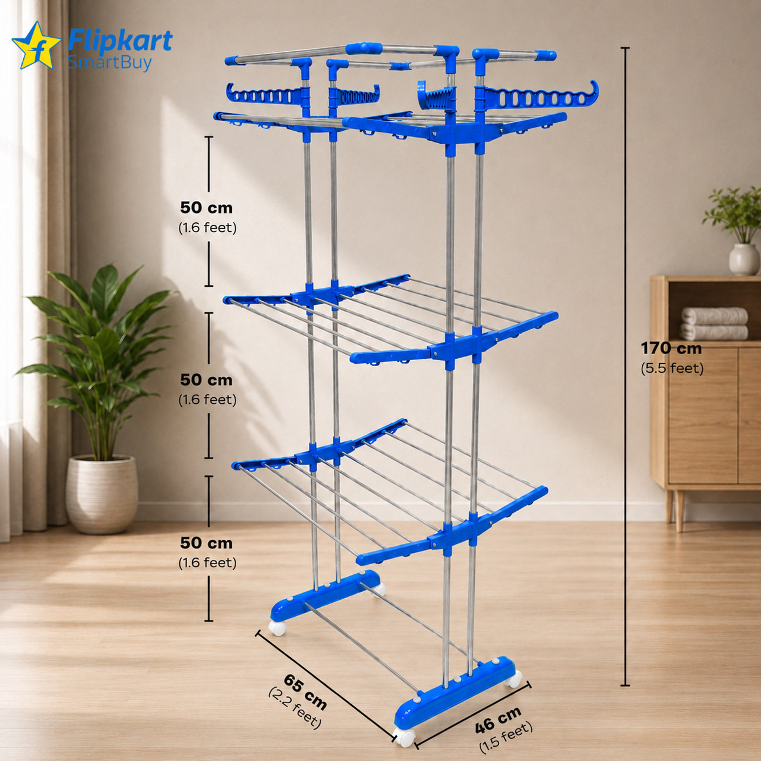 Image of Flipkart SmartBuy Steel Floor Cloth Dryer Stand 4 Layer Clothes Drying Stand | Rust Resistant Steel Dryer Rack |