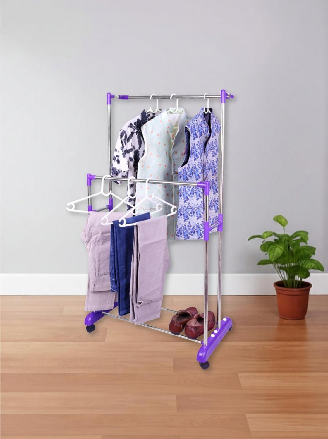 Image of Unizone Steel, Plastic Floor Cloth Dryer Stand Portable Wardrobe Style Cloth Hanging Stand Stainless Steel & Plastic with Wheel