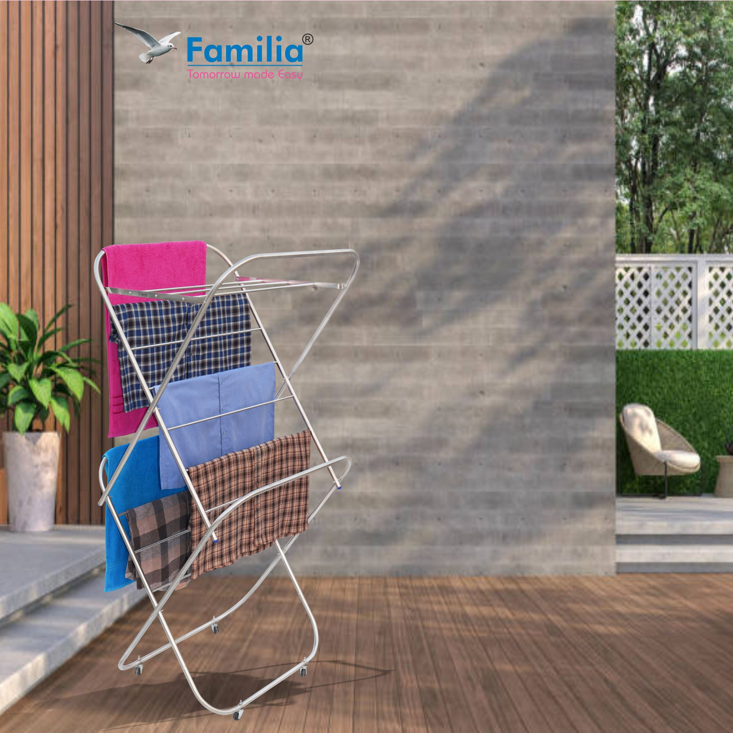 Image of Familia Steel Floor Cloth Dryer Stand Heavy Duty Stainless Steel Foldable Clothes Drying Stand with Wheels (CSW (19mm)