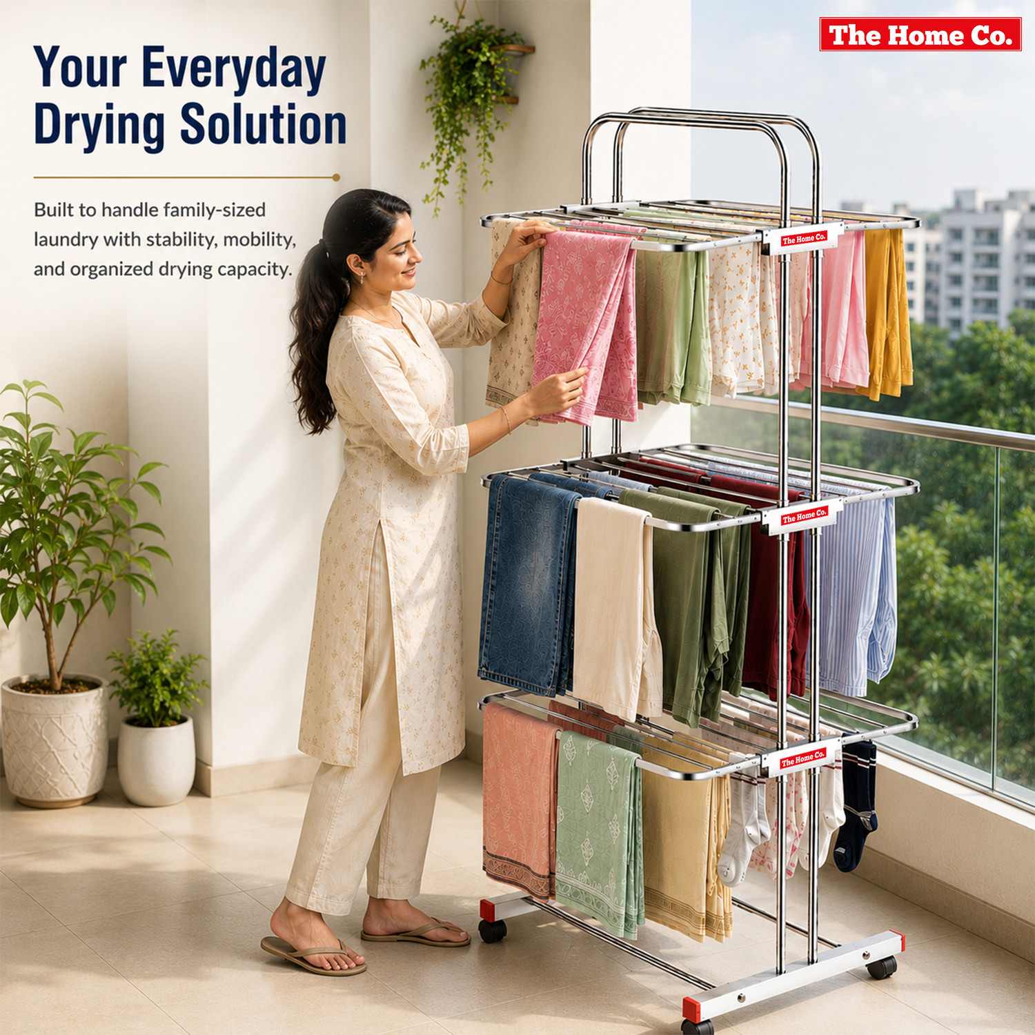 Image of The Home Co. Steel Floor Cloth Dryer Stand Drying Clothes Stainless Stand for Balcony