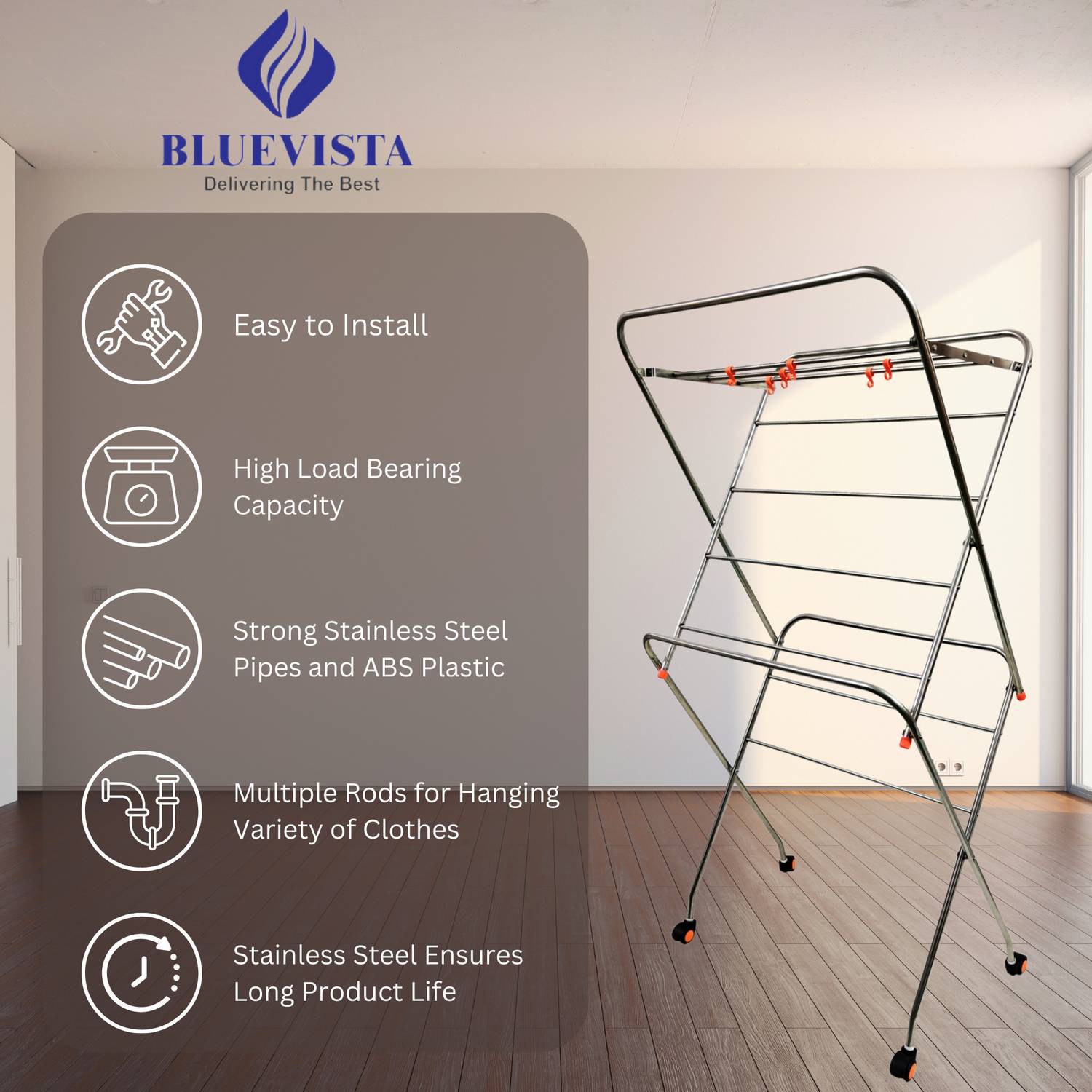 Bluevista Steel Floor Cloth Dryer Stand Bright 5Ft stainless steel with wheel cloth drying stand