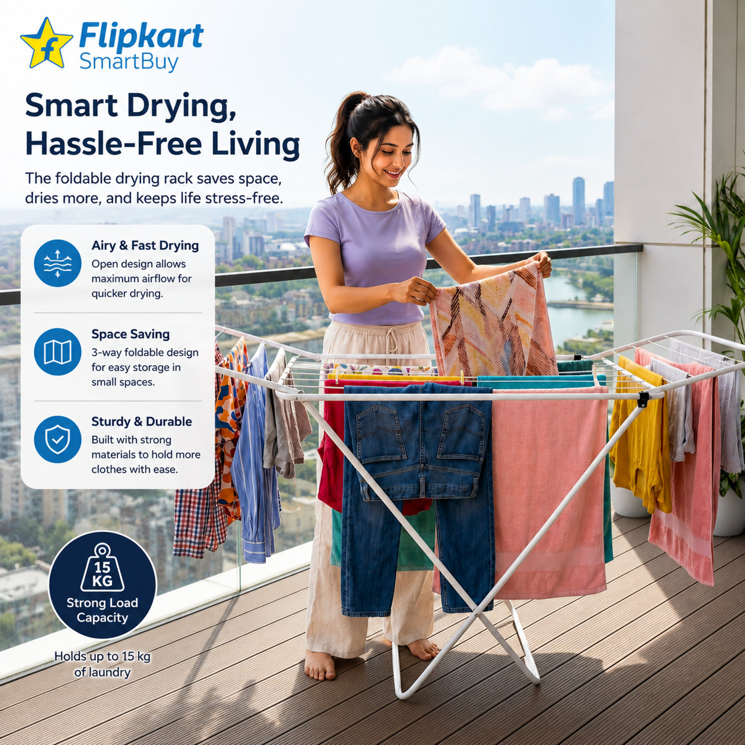 Image of Flipkart SmartBuy Steel Floor Cloth Dryer Stand Perfect Use for Balcony and Indoor Laundry Racks for Drying Clothes