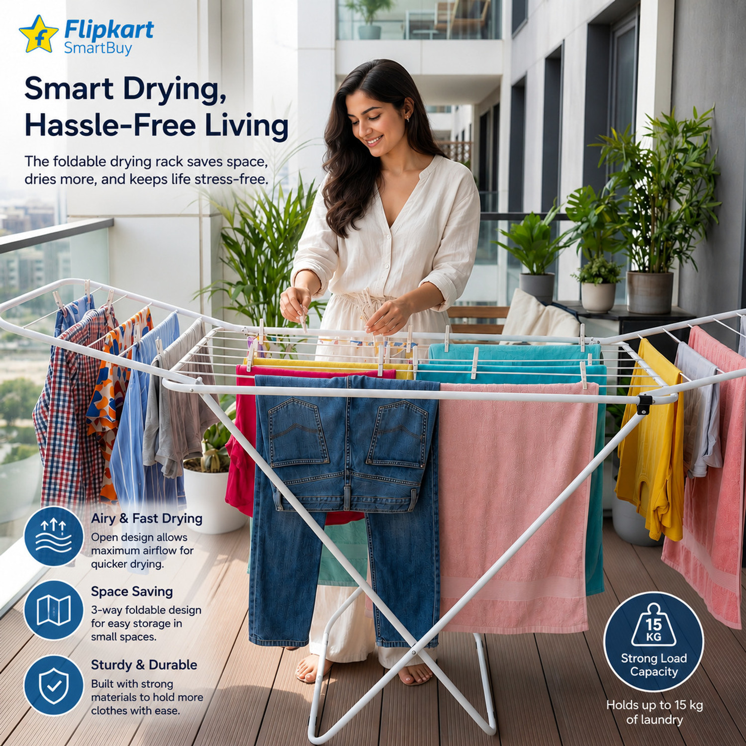 Image of Flipkart SmartBuy Steel Floor Cloth Dryer Stand Perfect Use for Balcony and Indoor Laundry Racks for Drying Clothes