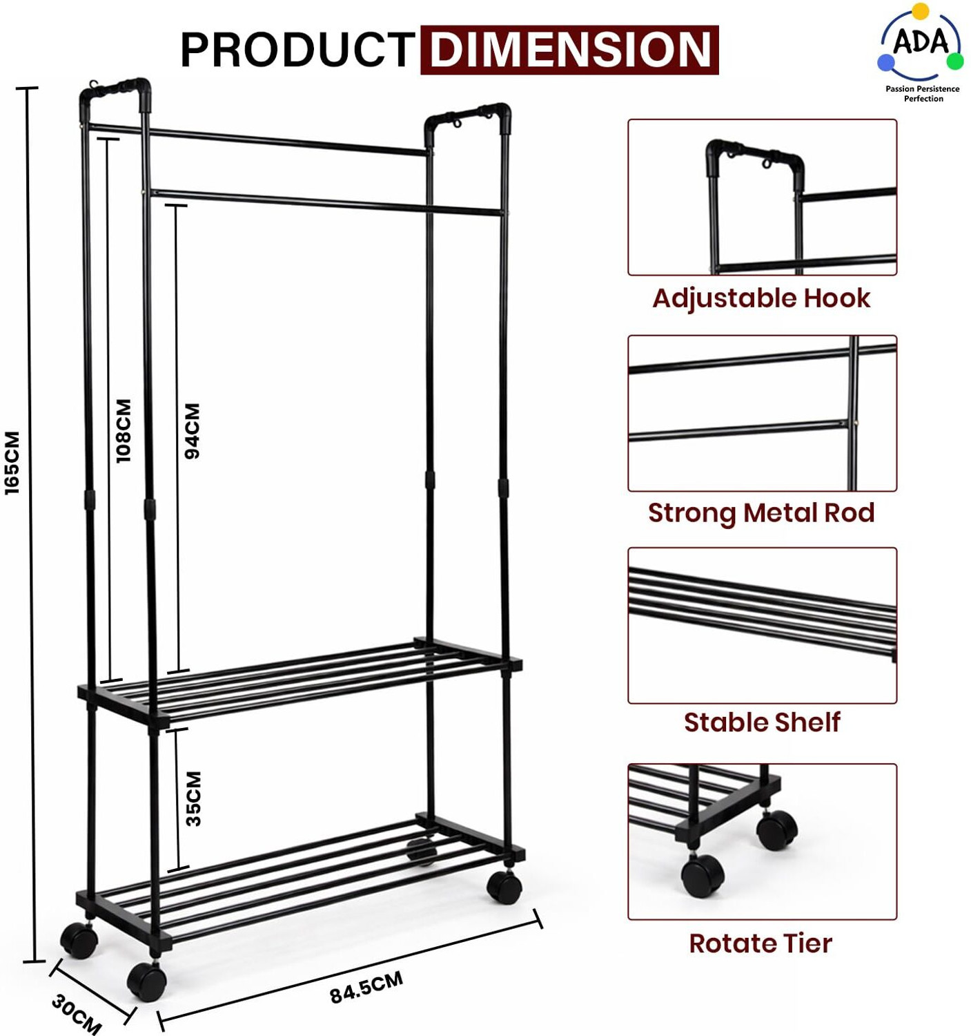Image of ADA Aluminium Floor Cloth Dryer Stand High Density Drizzle Metal Garment Rack with Side Hooks