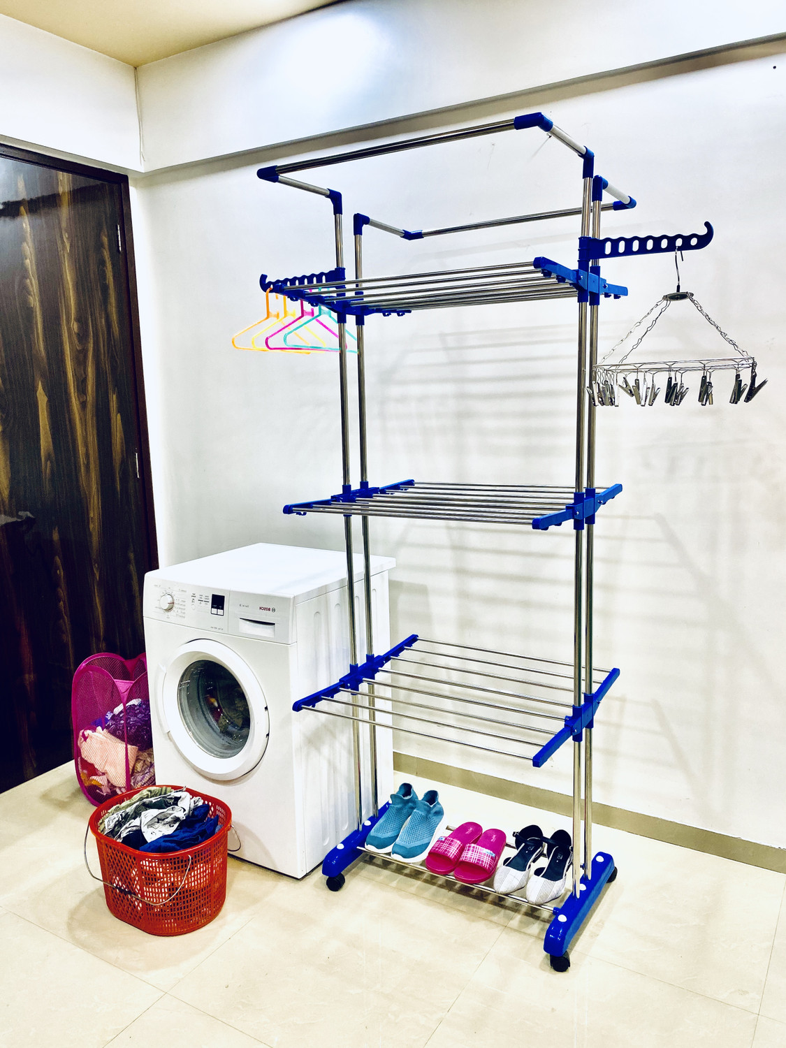 Image of FAVOUR Steel, Plastic Floor Cloth Dryer Stand Foldable Stainless Steel 3Tier Jumbo Double Pole Cloth Rack JB2SS3T-19