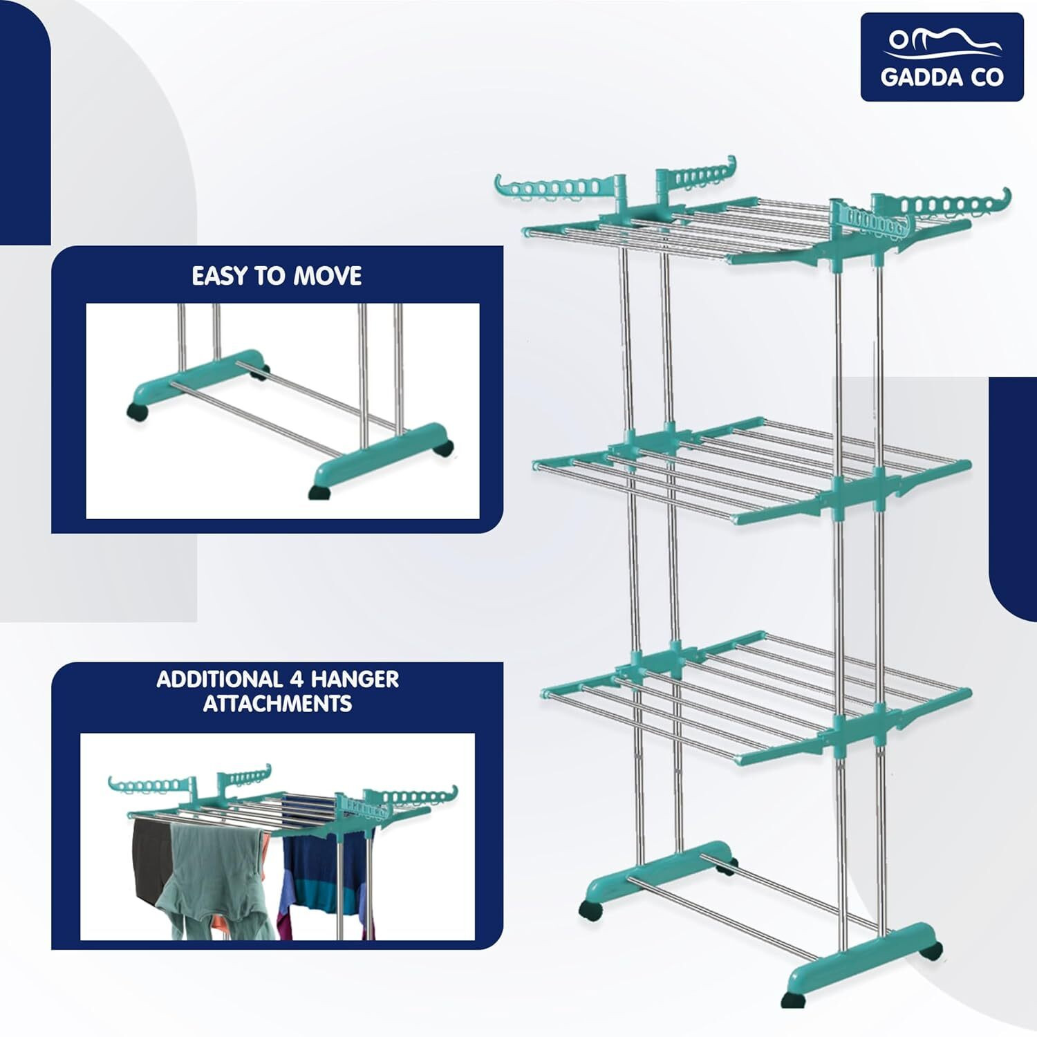 Image of GADDA CO Steel Floor Cloth Dryer Stand Premium Stainless Steel Clothes Stand For Drying With Wheels