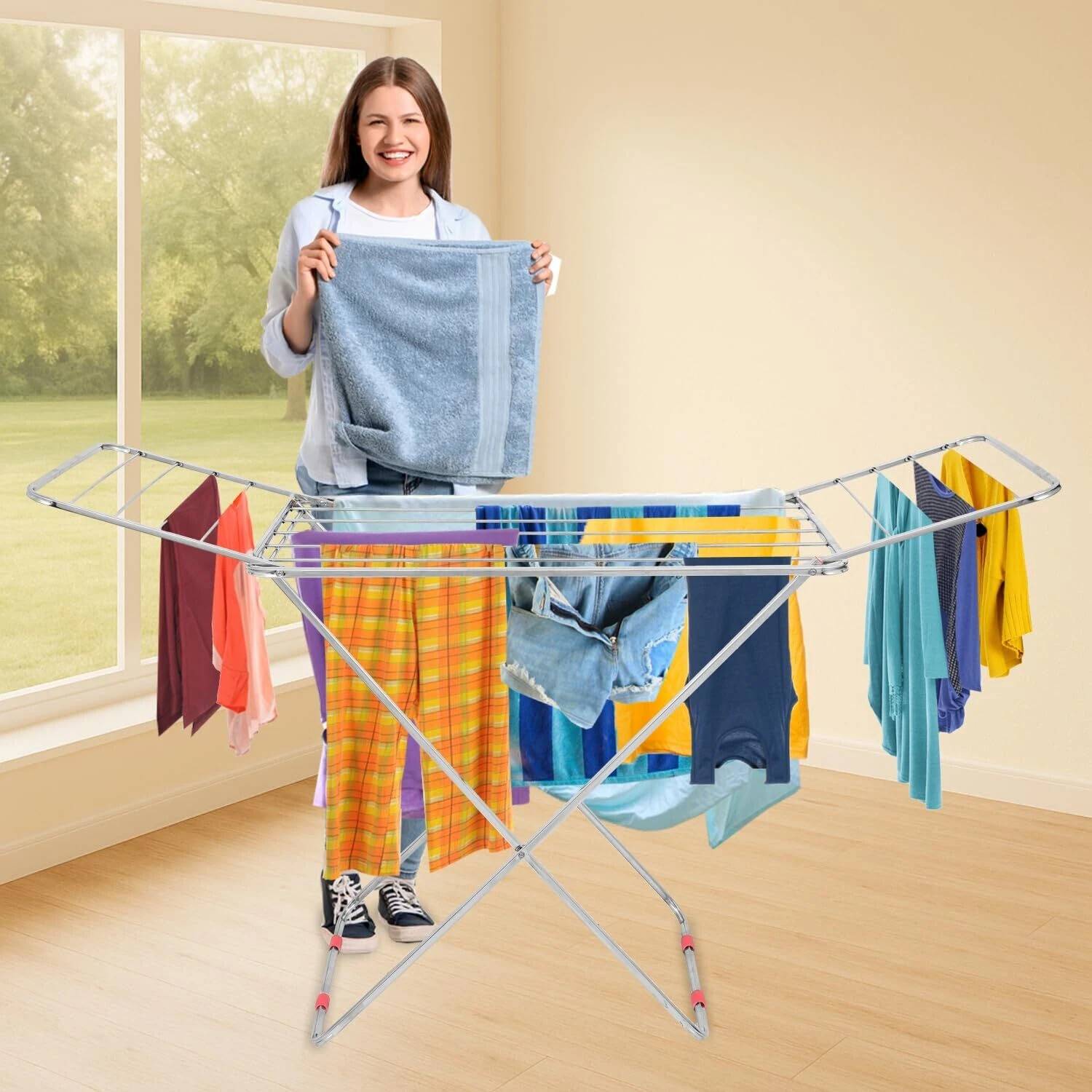 HAVEU Steel Floor Cloth Dryer Stand Clothes Hanger for Laundry